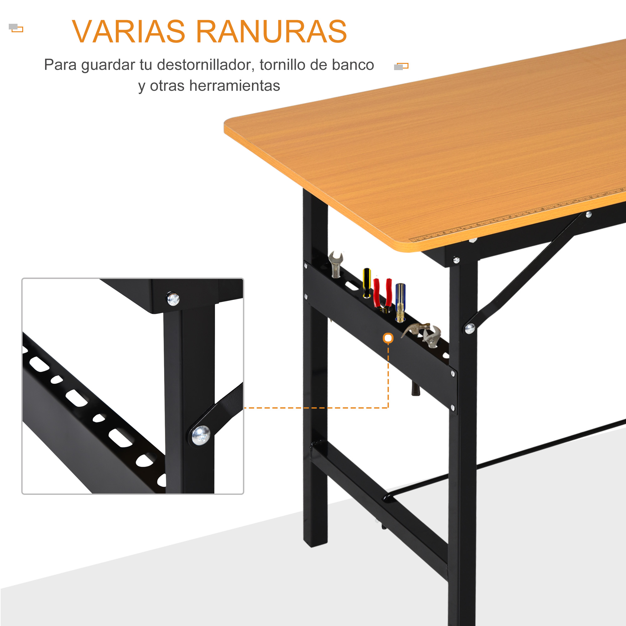 Banco de trabajo con tablero de madera, soporte para herramientas y regla.