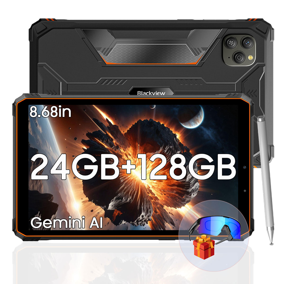 Een zwarte Blackview tablet met stylus, 8,68 inch, 24GB+128GB, Gemini AI.
