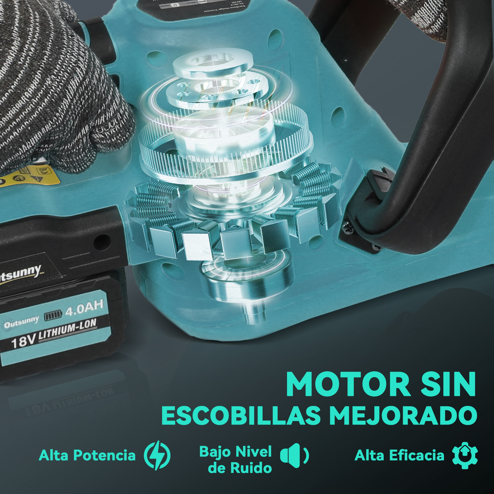Primer plano de un motor con engranajes y una batería. Texto en español.