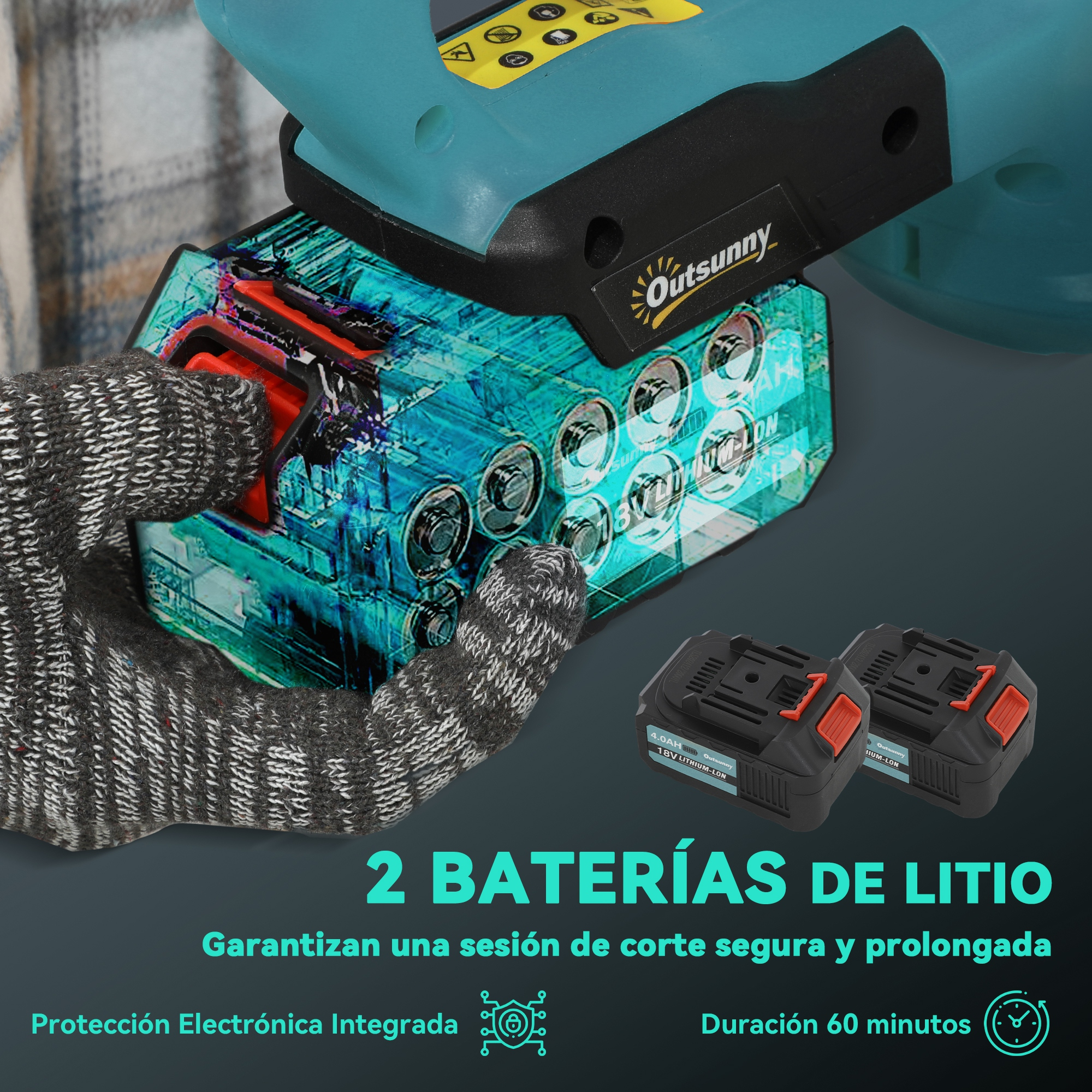 Primer plano de dos baterías de litio con guante protector y herramienta.