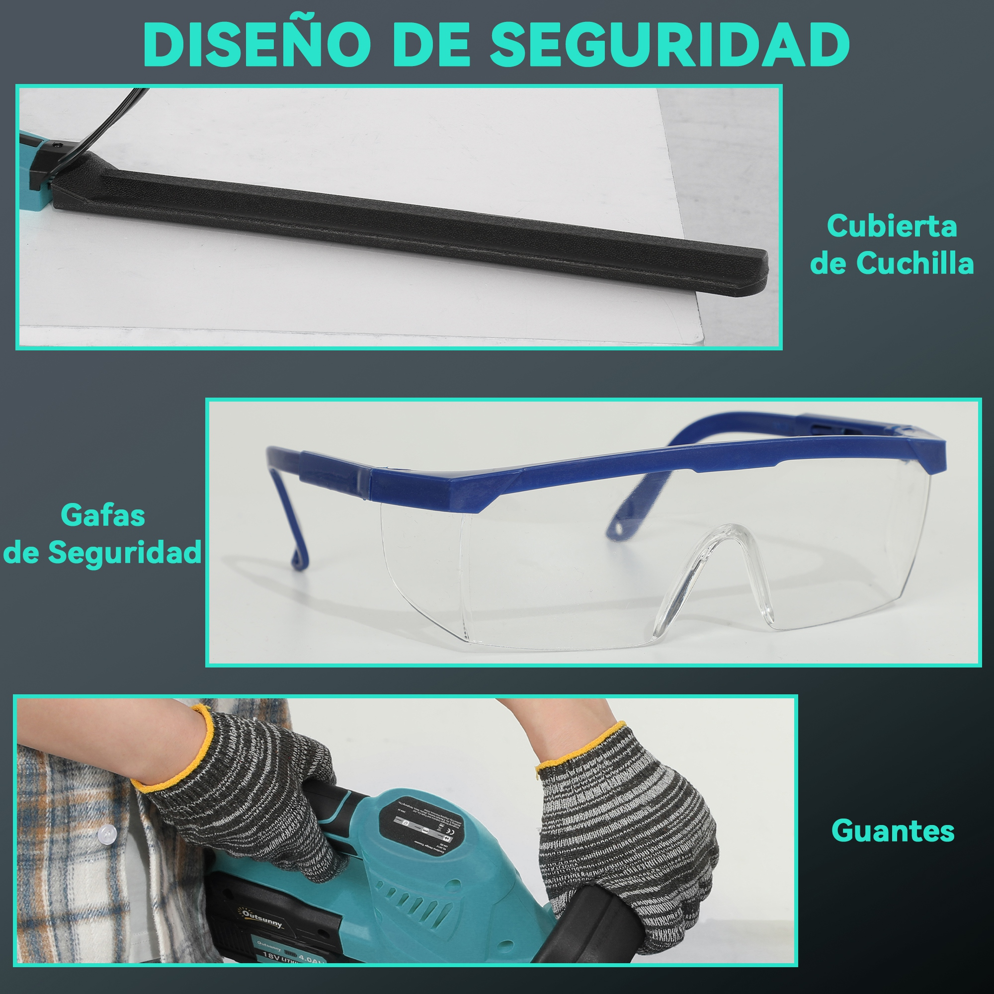 Diseño de seguridad: Cubierta de cuchilla, gafas, guantes, herramienta.
