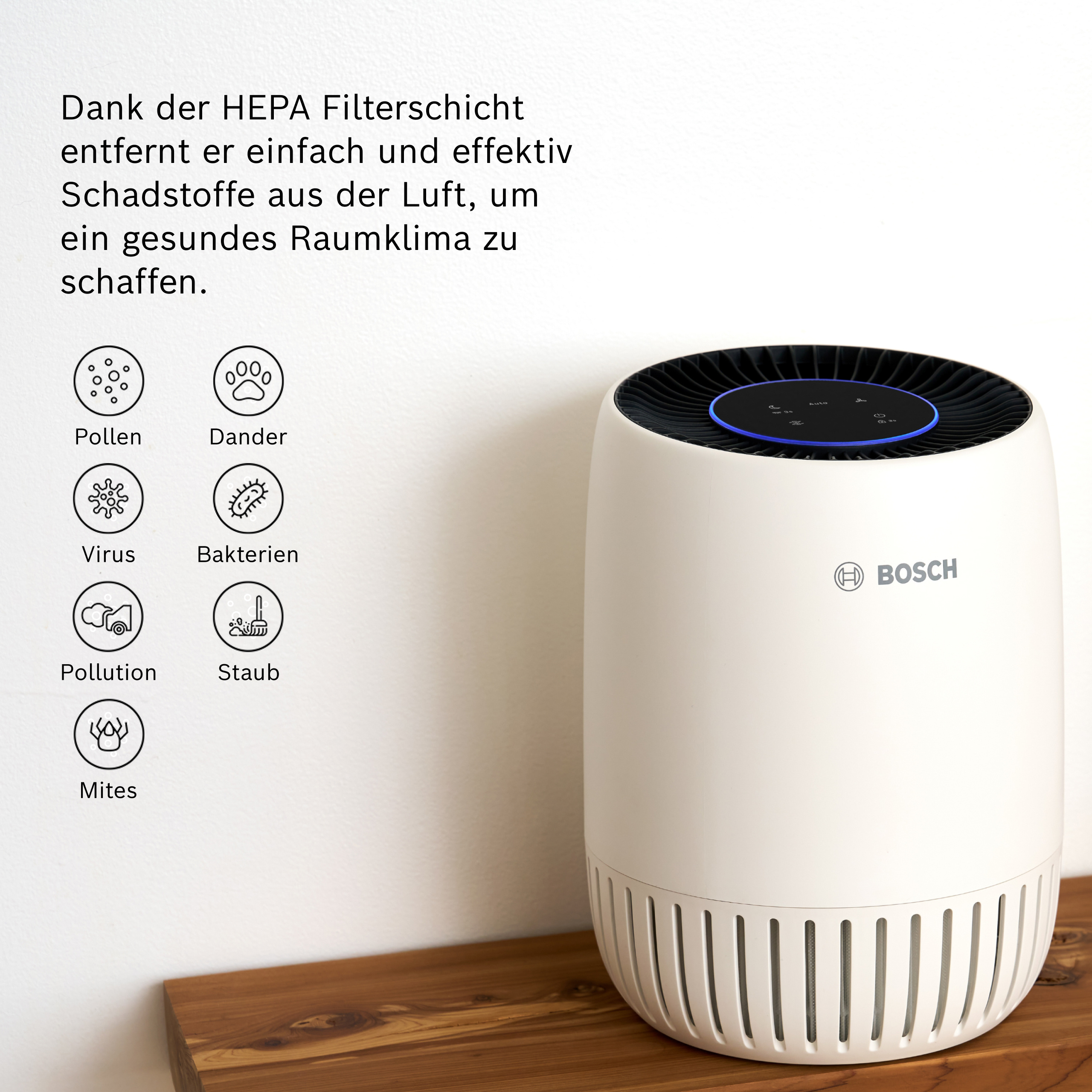 Un purificatore d'aria Bosch bianco con icone per pollini, forfora, virus, batteri, polvere, acari.