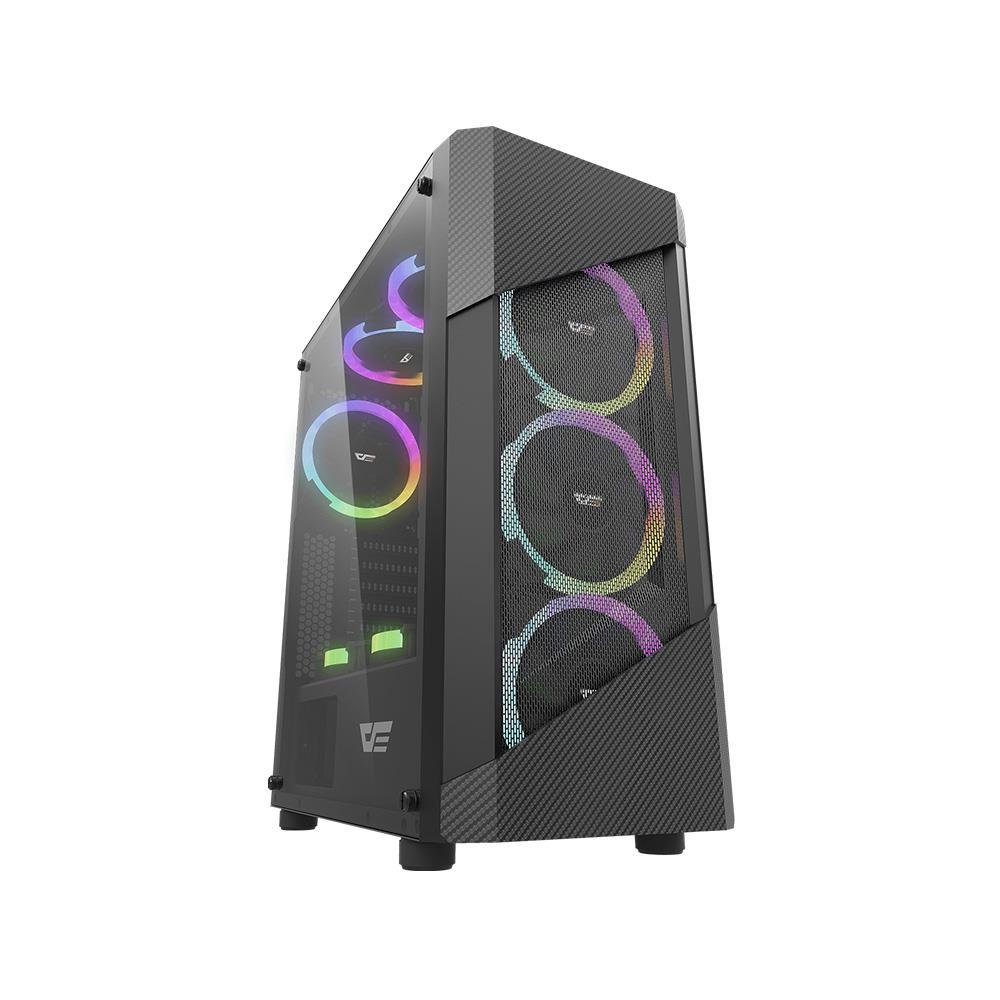 Cam yan ve RGB fanlı siyah PC kasası.