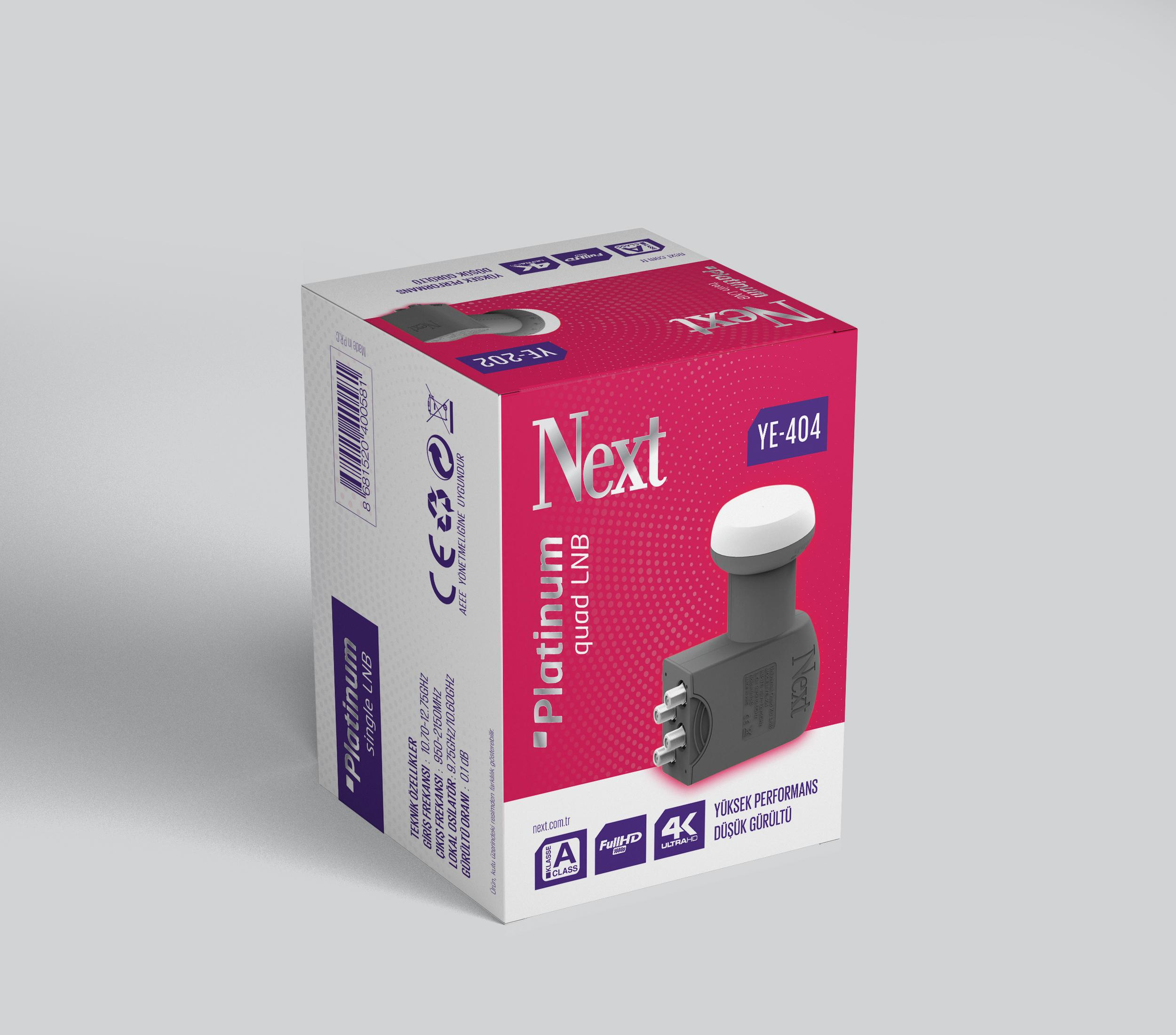 Görünürde Next Platinum Quad LNB kutusu ve uydu alıcısı.