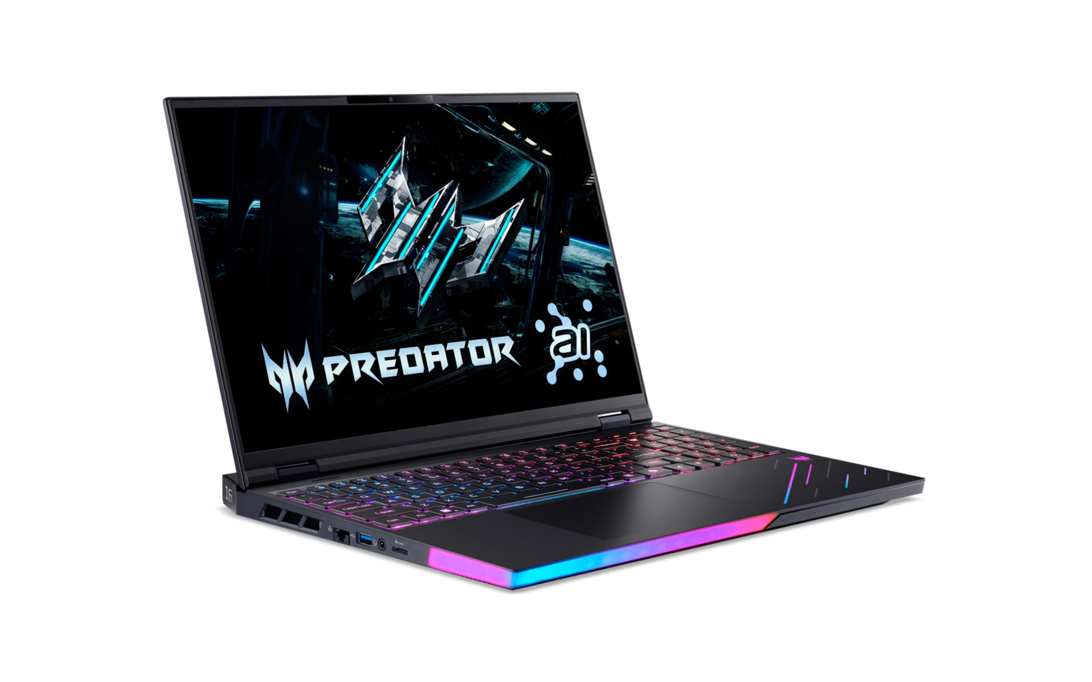 Otwarty czarny laptop z podświetlaną klawiaturą i logo "Predator".