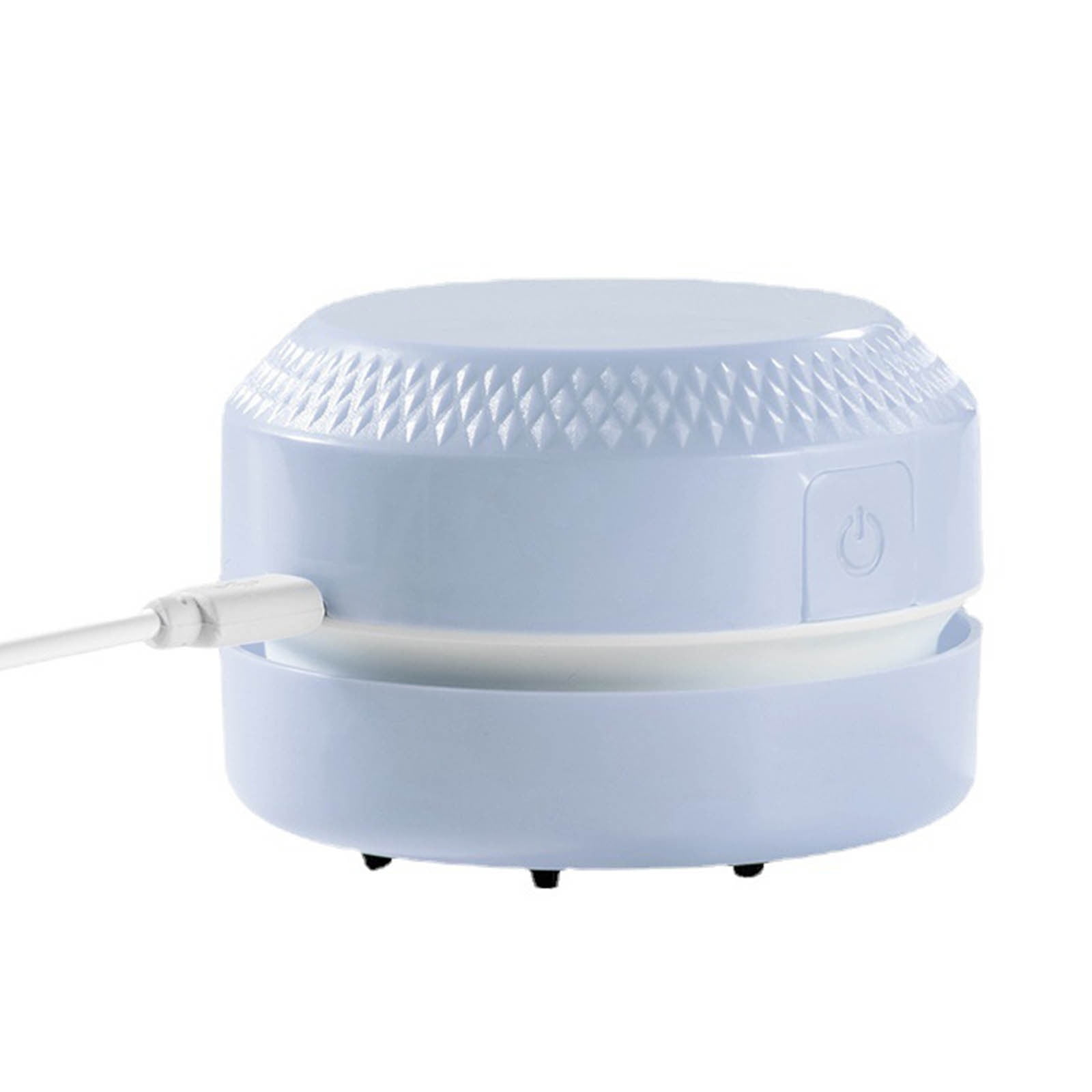 Ein hellblauer USB-Mini-Staubsauger mit Rautenmuster und Power-Symbol.