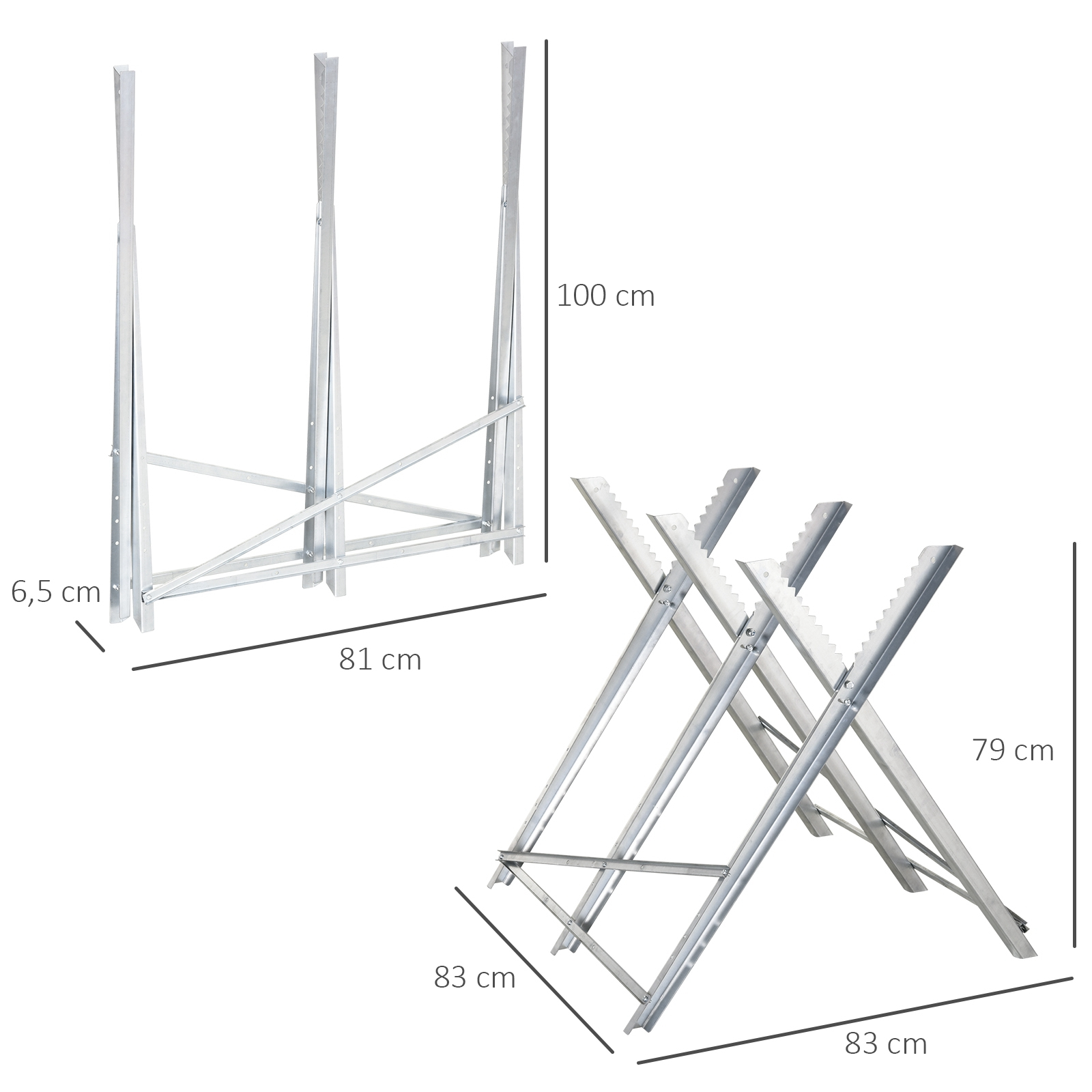 Dos soportes plegables de metal para troncos, uno vertical, otro plegado.