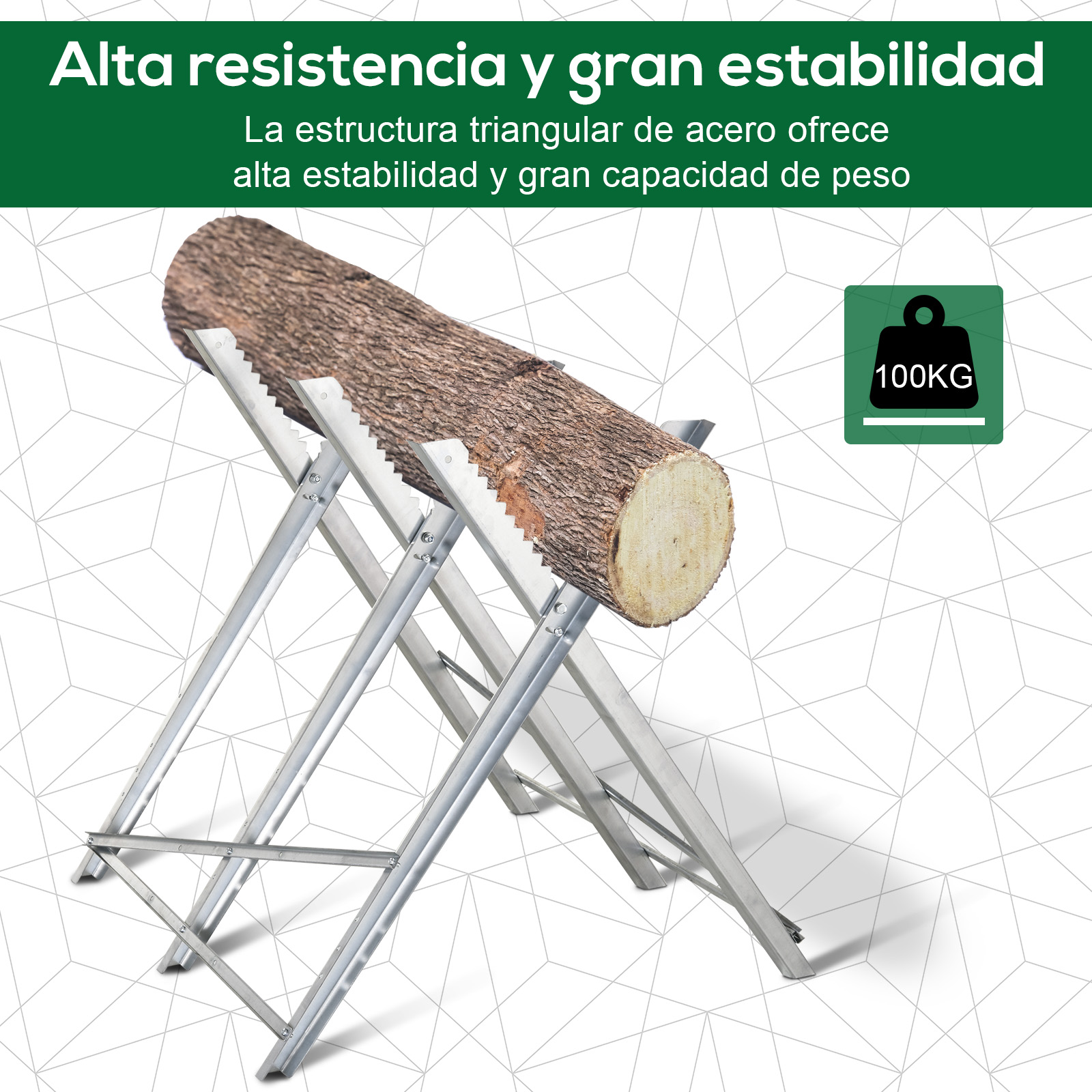 Un tronco descansa sobre un caballete de metal plateado. Capacidad 100kg.