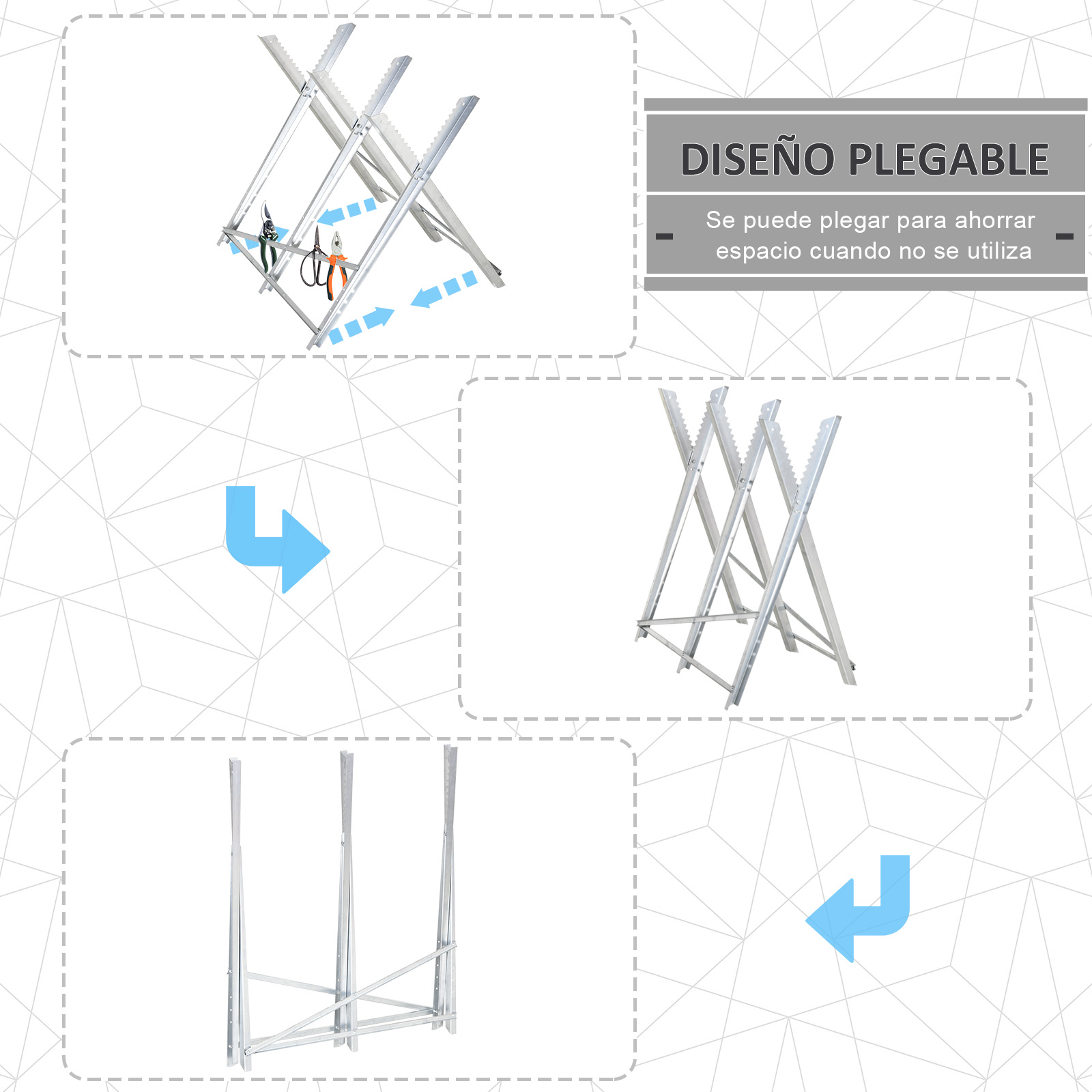 Un caballete plegable de metal con herramientas y flechas que indican el plegado.