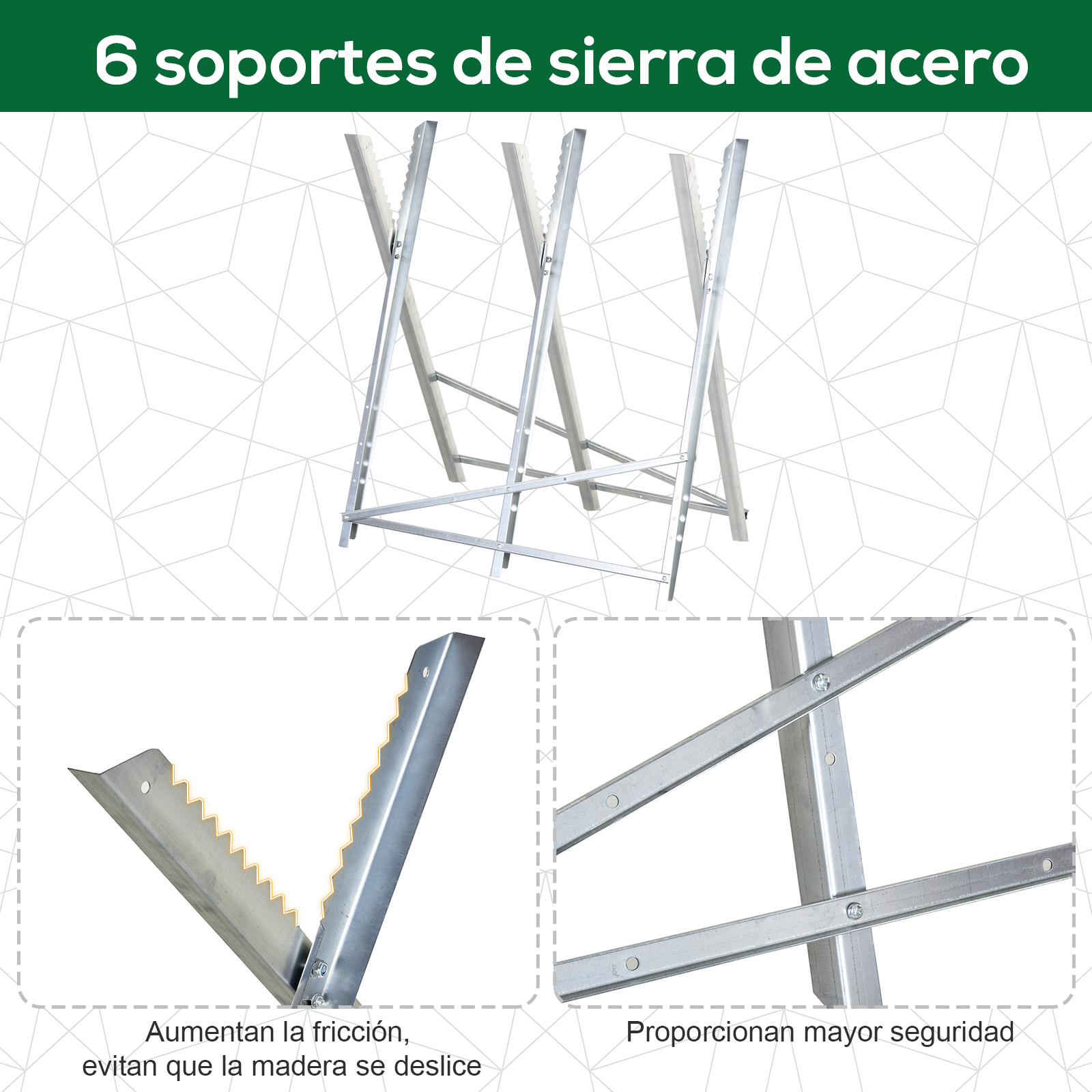 Seis soportes de sierra de acero con vistas detalladas de soportes dentados y conexiones.