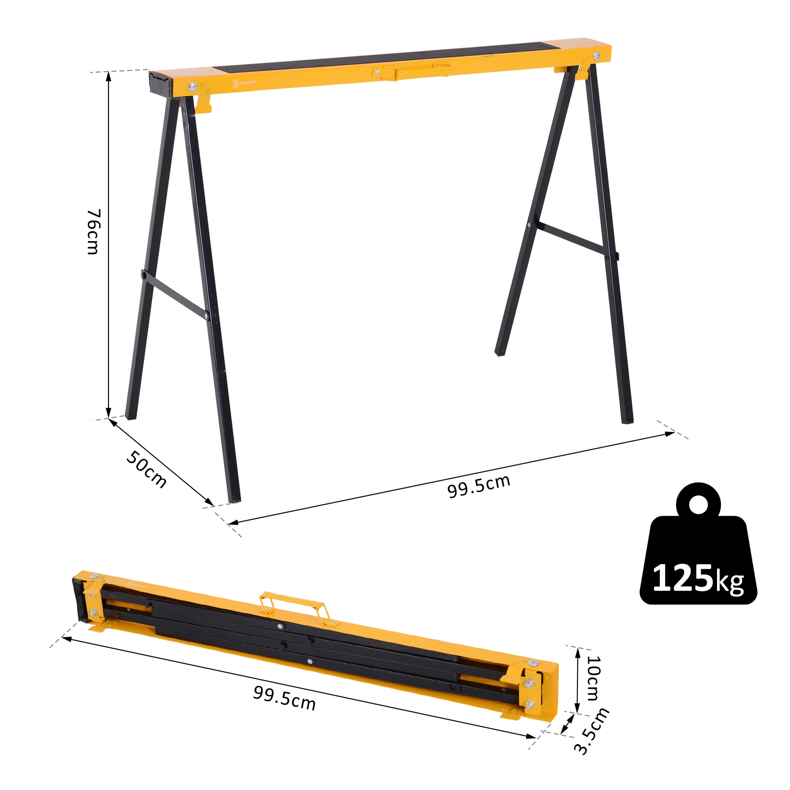 Un caballete amarillo y negro, abierto y plegado, con dimensiones.