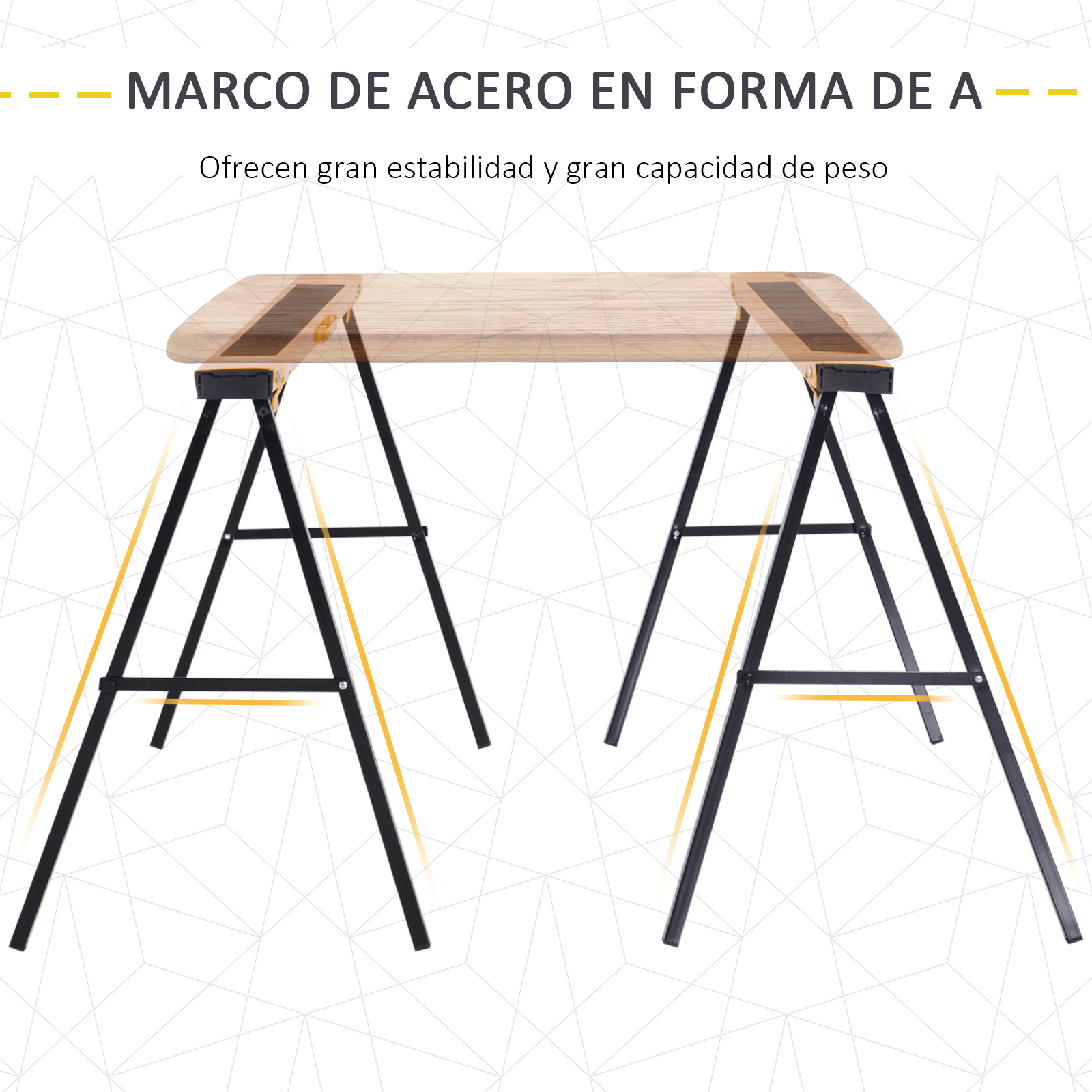 Dos caballetes negros de metal en forma de A soportan un tablero de madera. Líneas amarillas resaltan.