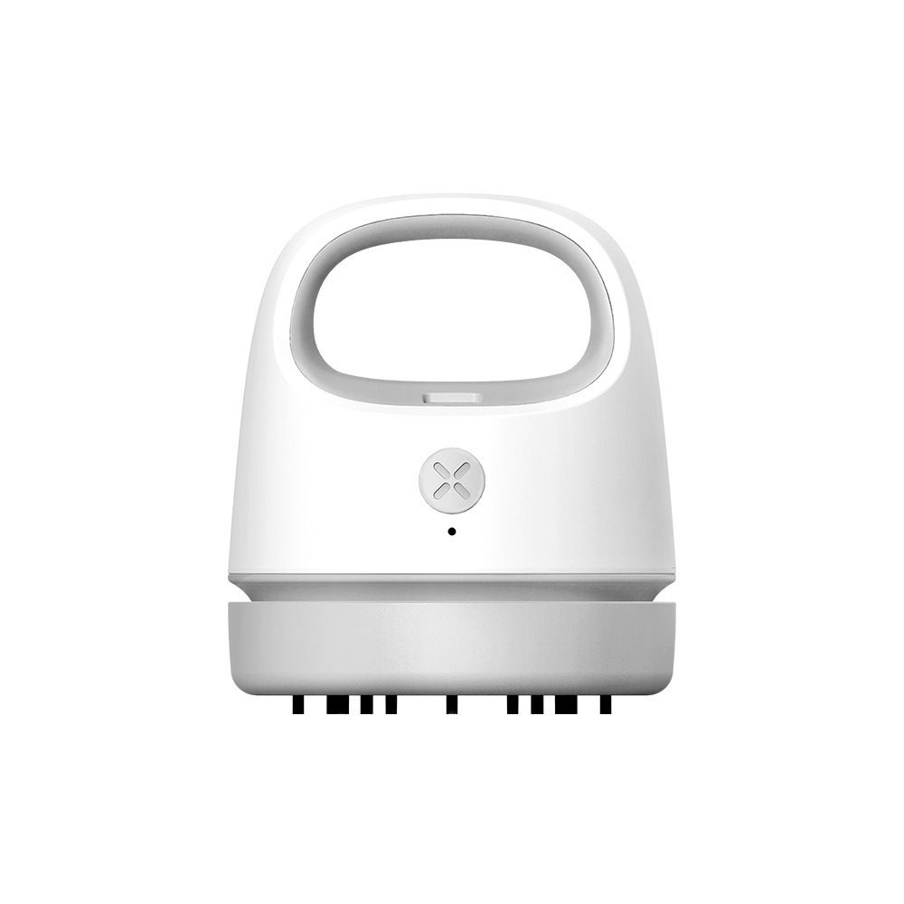 Ein weißer, tragbarer Mini-Staubsauger mit Griff und Bürsten unten.
