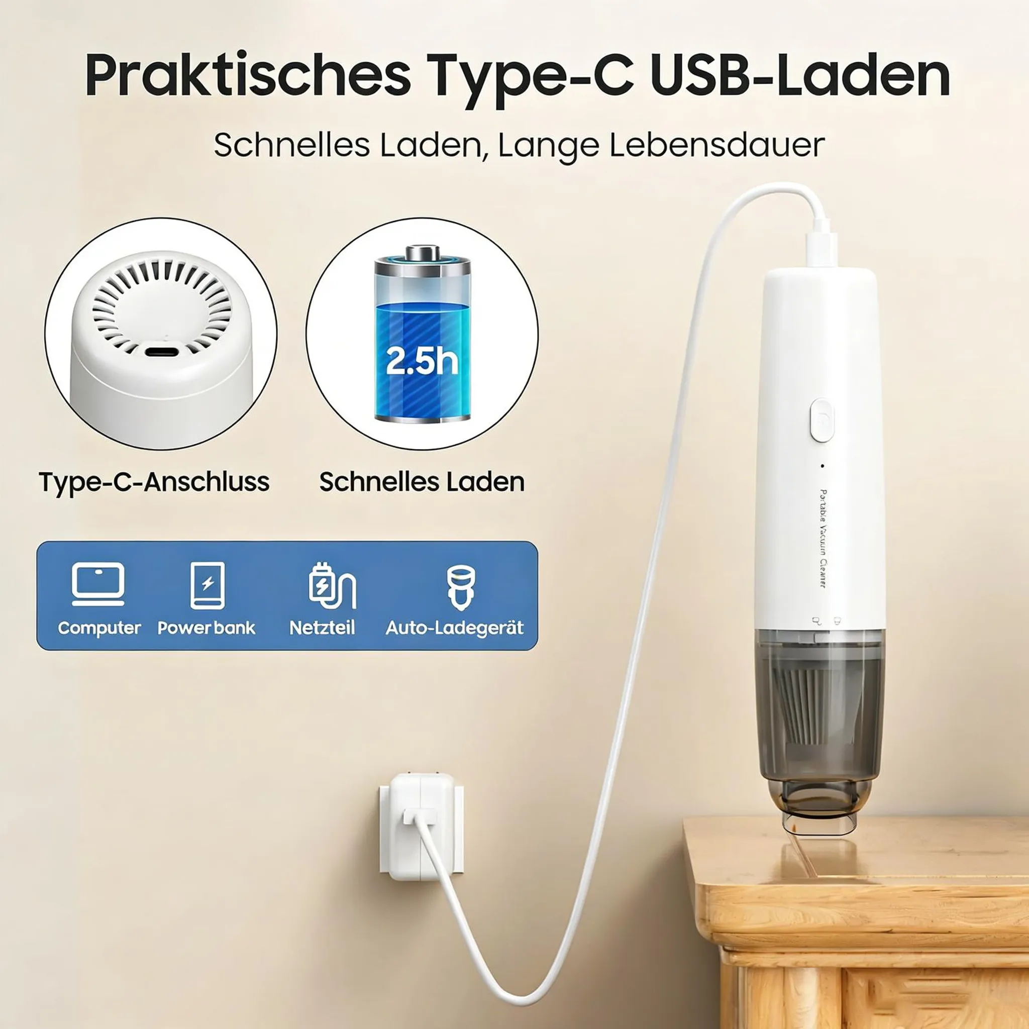 Weißer tragbarer Staubsauger lädt über USB-C. Zeigt Ladeoptionen an.