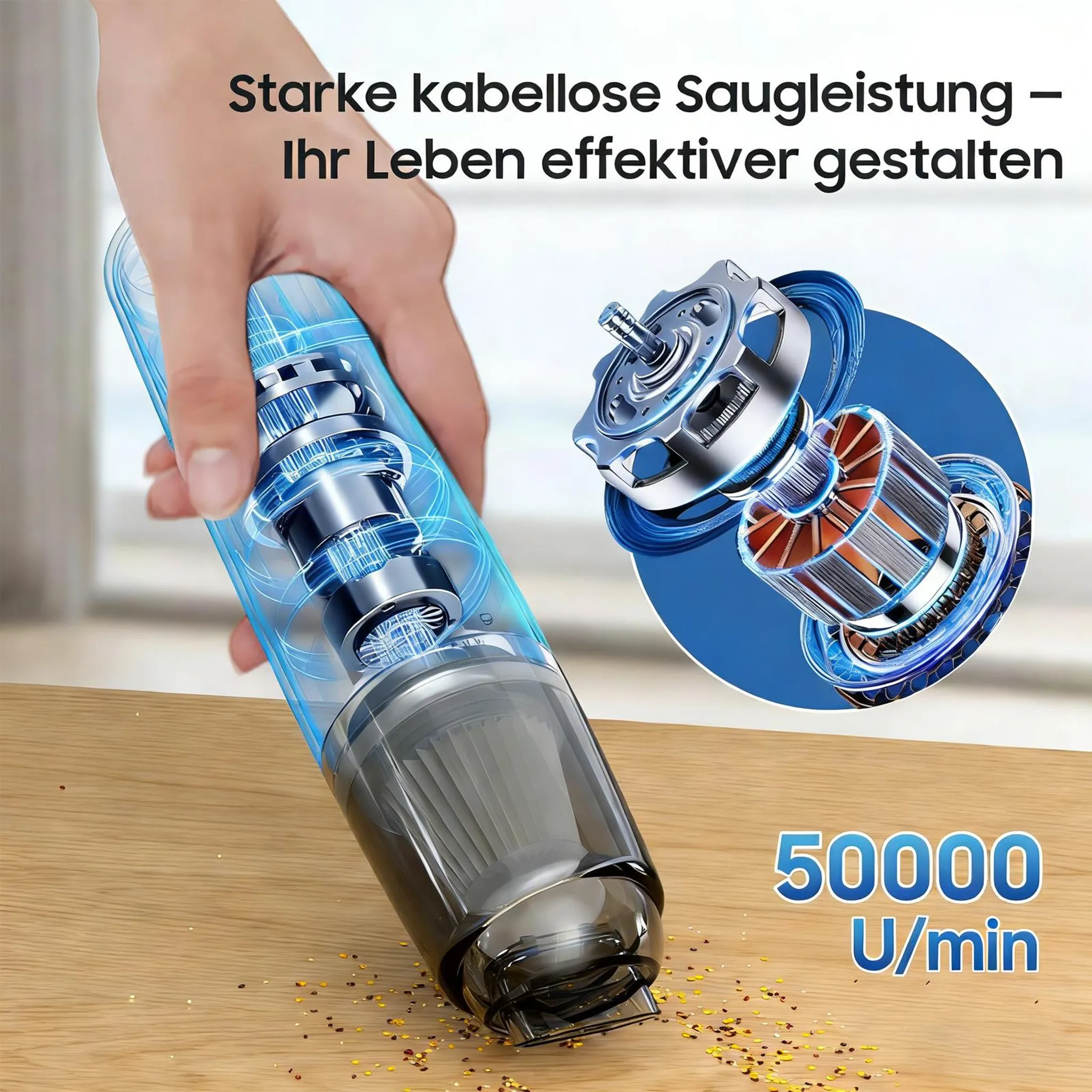 Hand hält kabellosen Staubsauger, der Krümel aufsaugt. Motoransicht.