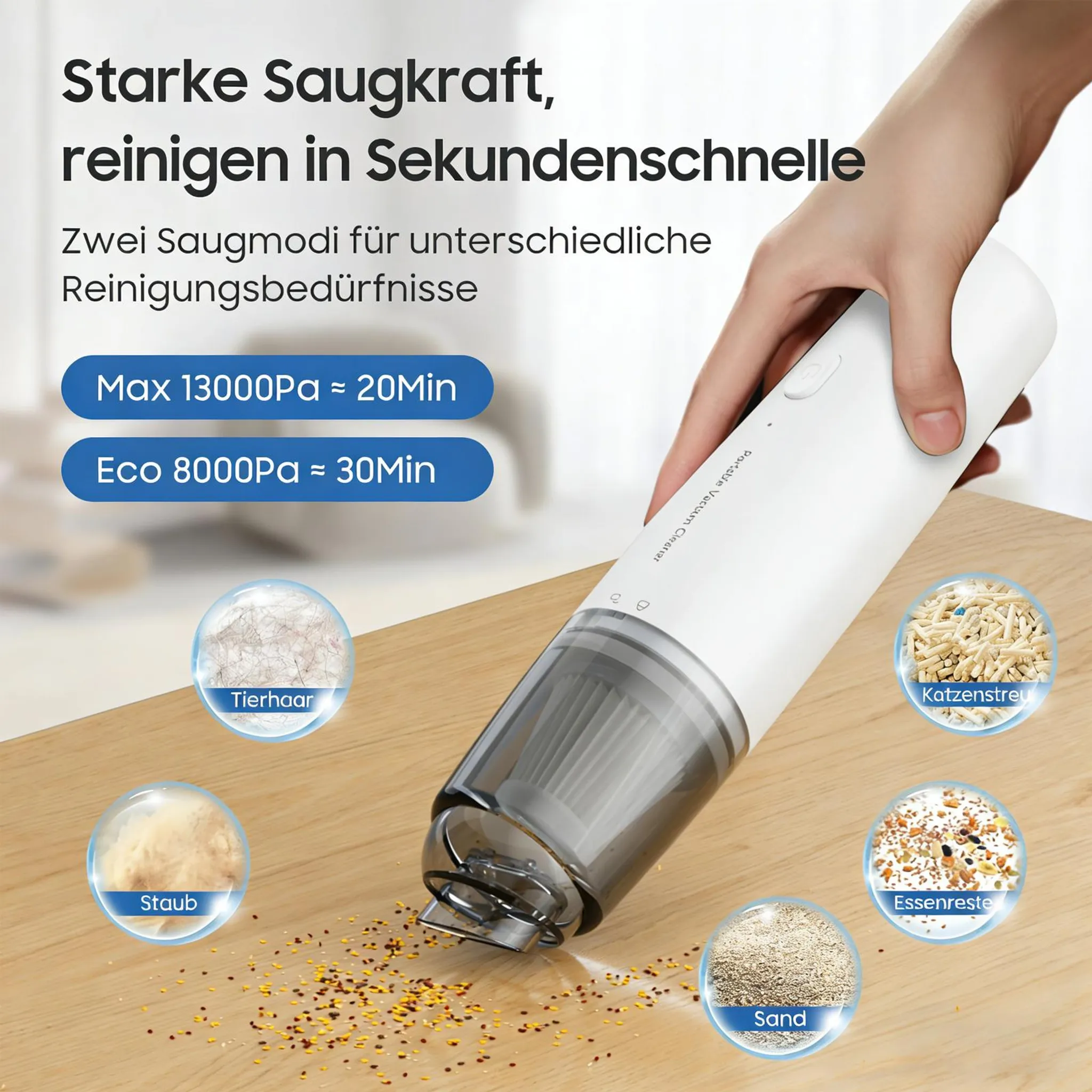 Ein weißer Handstaubsauger saugt Krümel, Staub, Tierhaare und Katzenstreu auf.