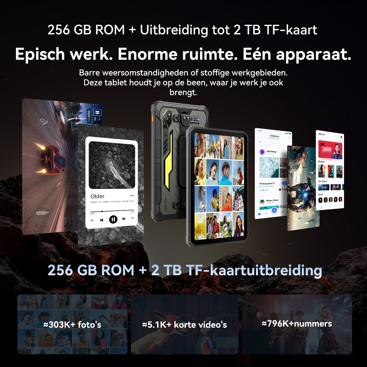 Robuust tablet met racegame, muziek en app displays. 256 GB ROM.