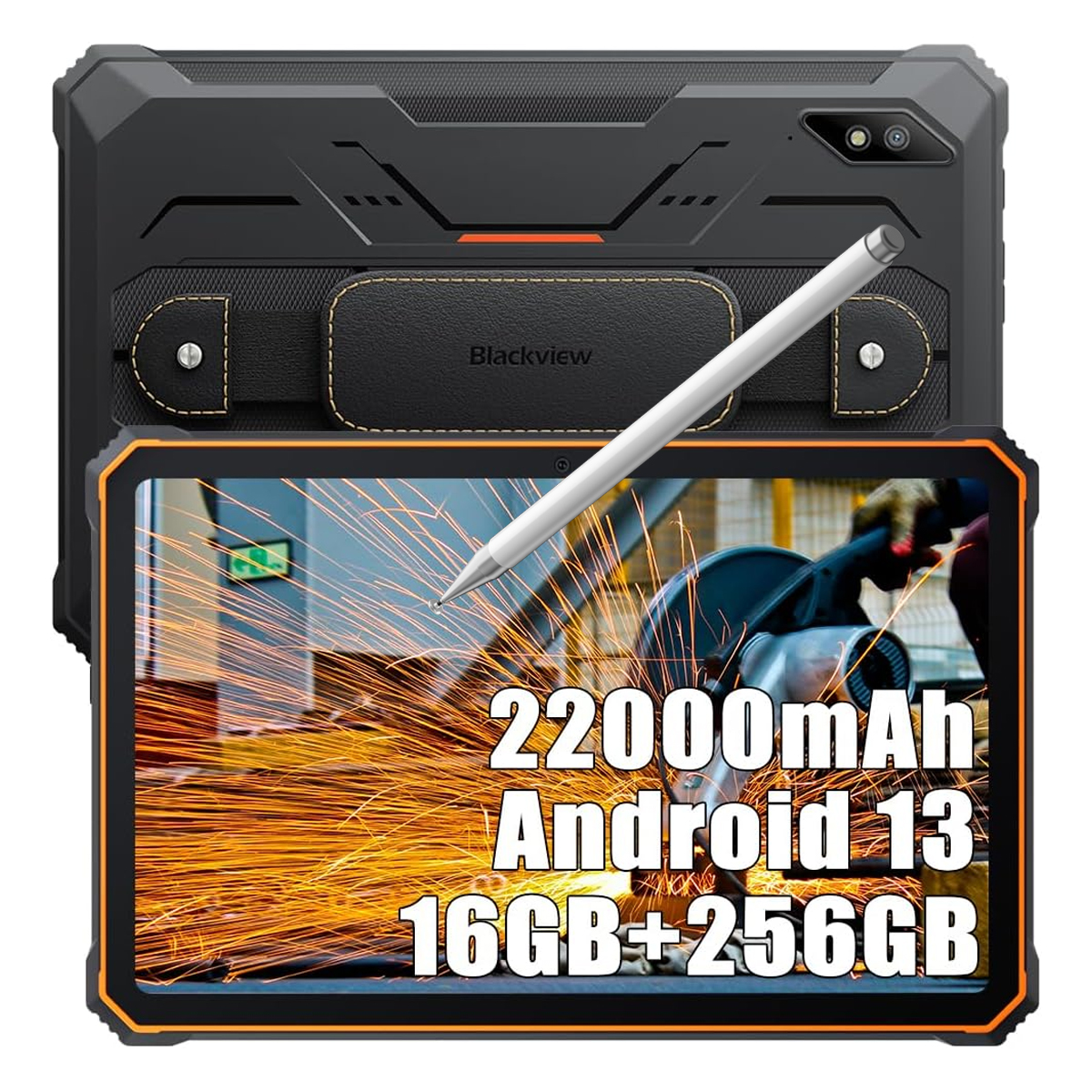 Robuuste tablet met stylus, toont metaalsnijder aan het werk. 22000mAh, Android 13.