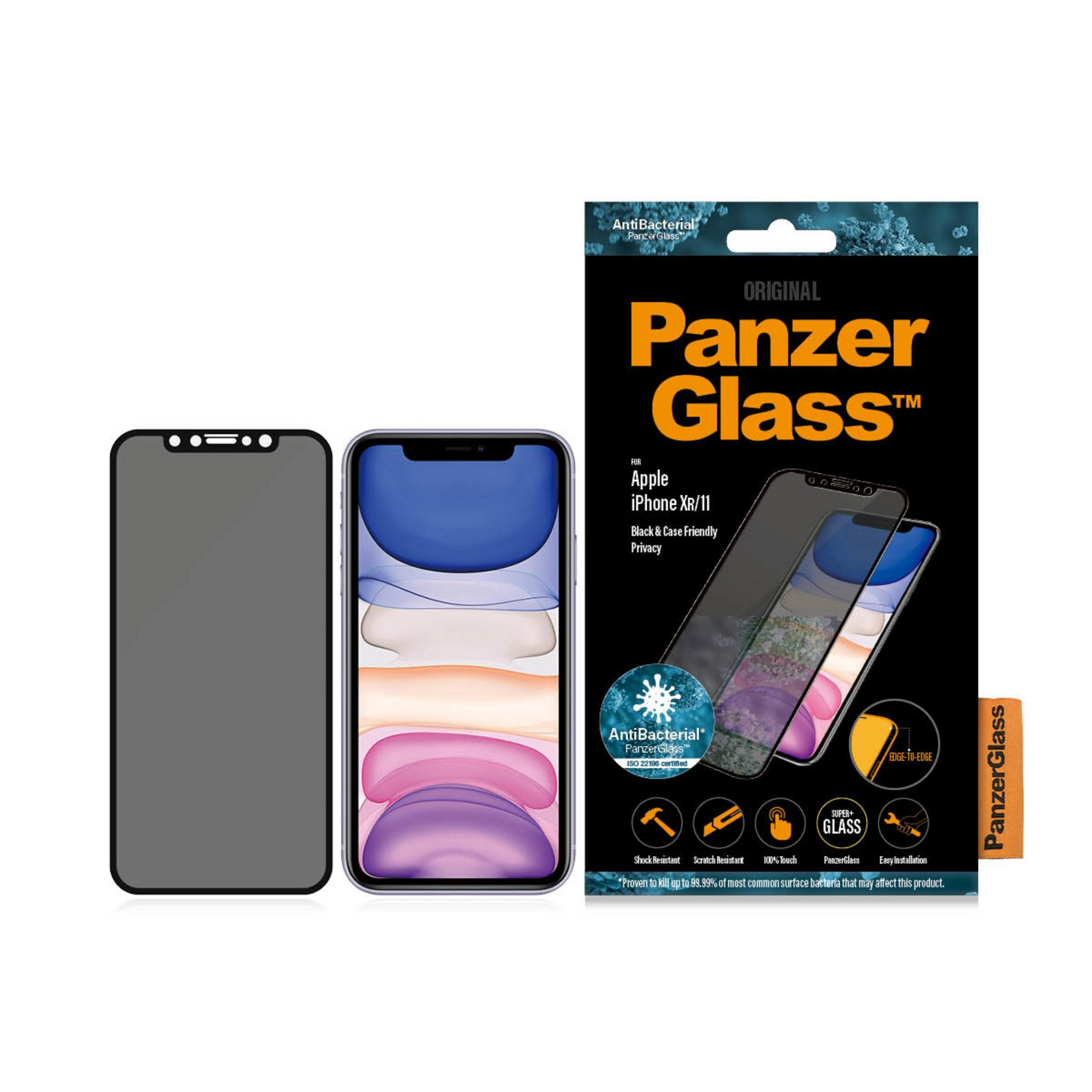 Protection d'écran PanzerGlass pour iPhone XR/11, avec revêtement antibactérien et couverture bord à bord.