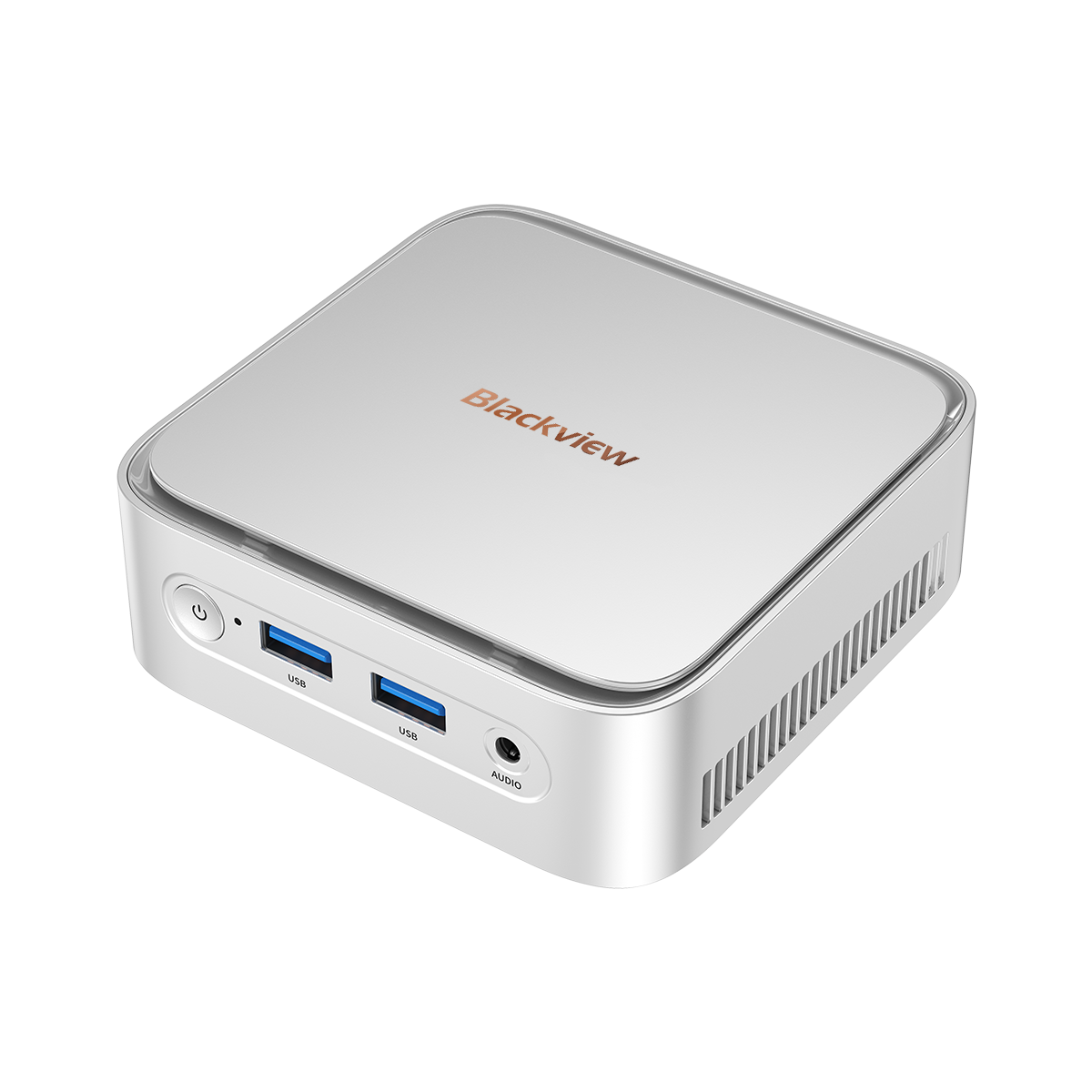 Een witte Blackview mini-pc met twee USB-poorten en een audio-aansluiting aan de voorzijde.