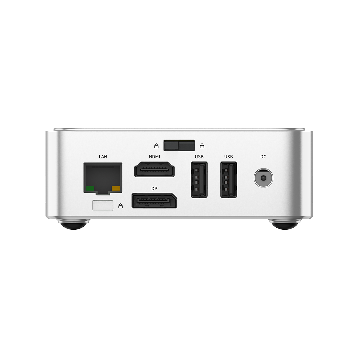 Achterkant van een zilveren mini-pc met LAN-, HDMI-, DP-, USB- en DC-poorten.