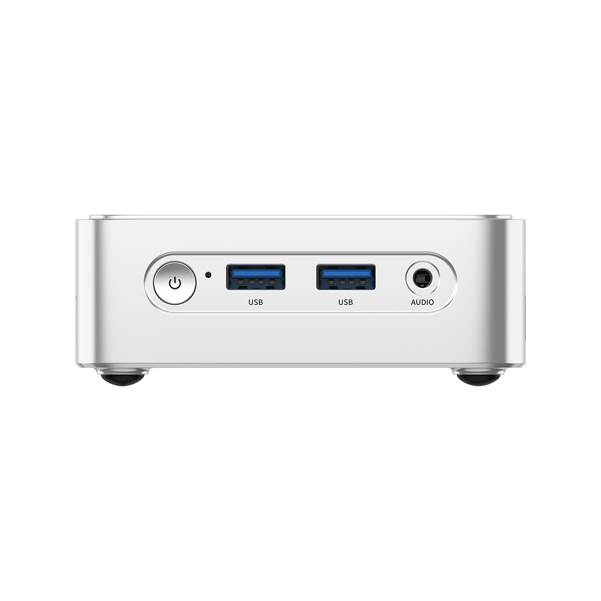 Zilveren mini-pc behuizing met aan/uit-knop, twee USB-poorten en audioconnector.