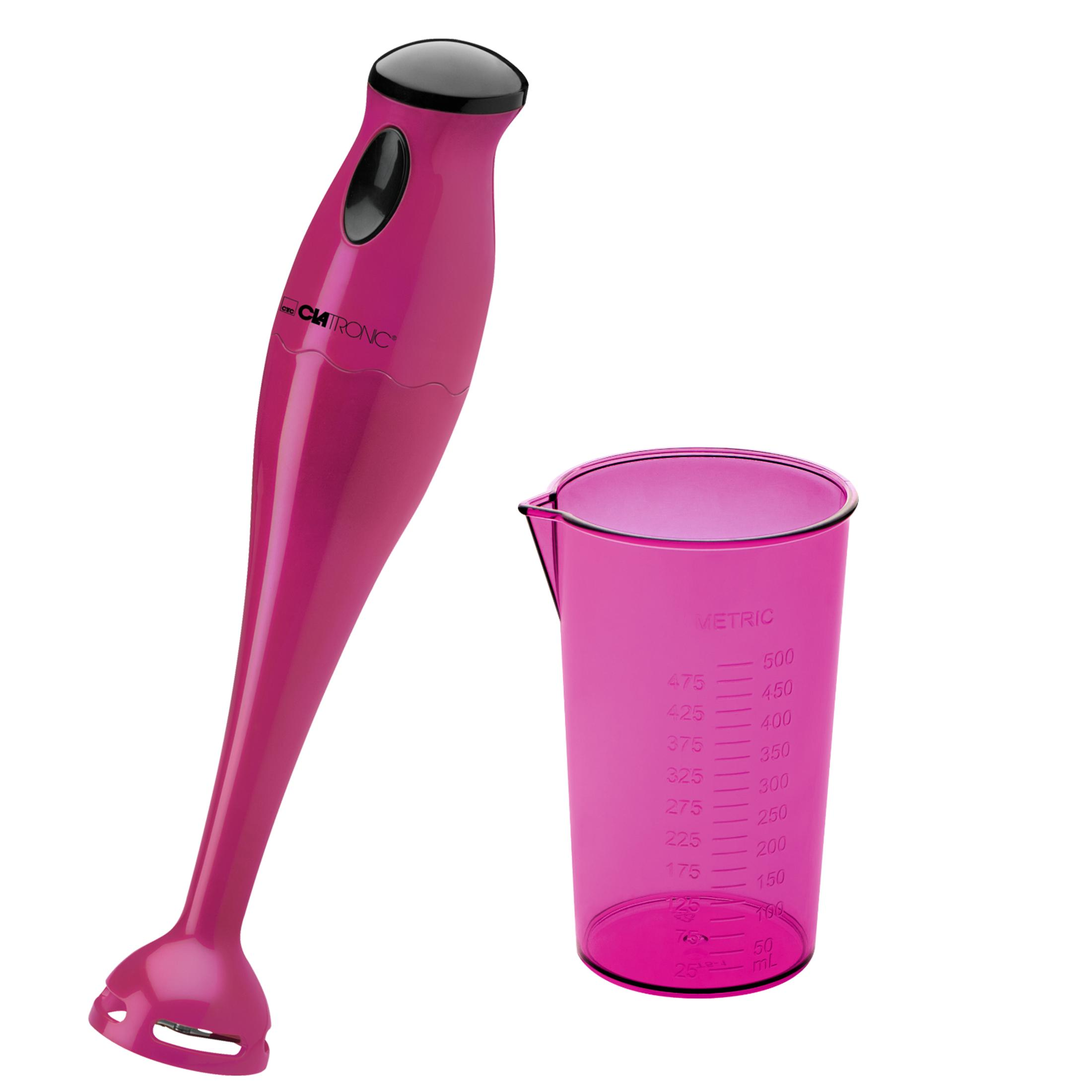 Różowy blender ręczny i kubek z miarką z oznaczeniami metrycznymi.