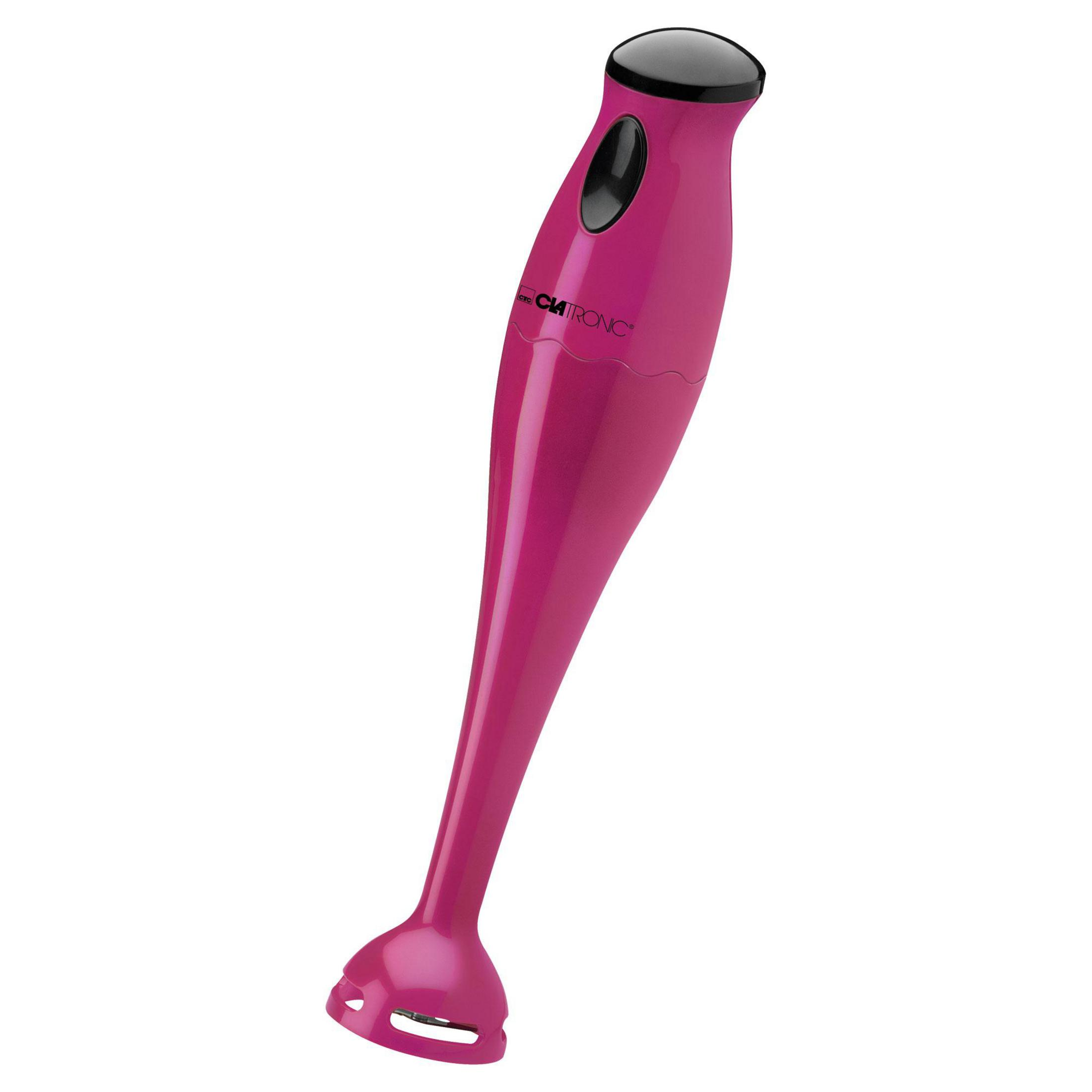 Różowy blender ręczny z czarną rączką i przyciskiem.