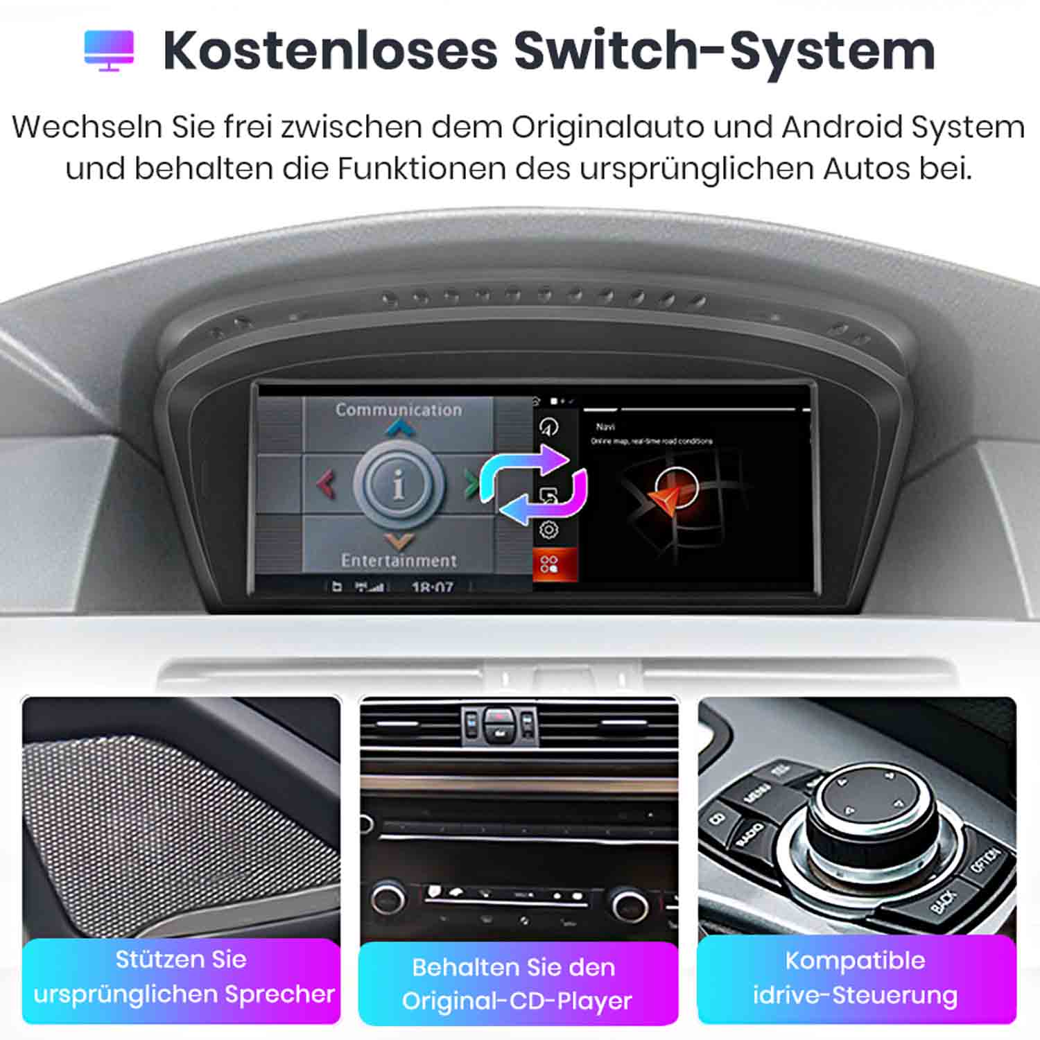 Ein Auto-Infotainmentsystem mit Navigation, Kommunikation und Unterhaltung.