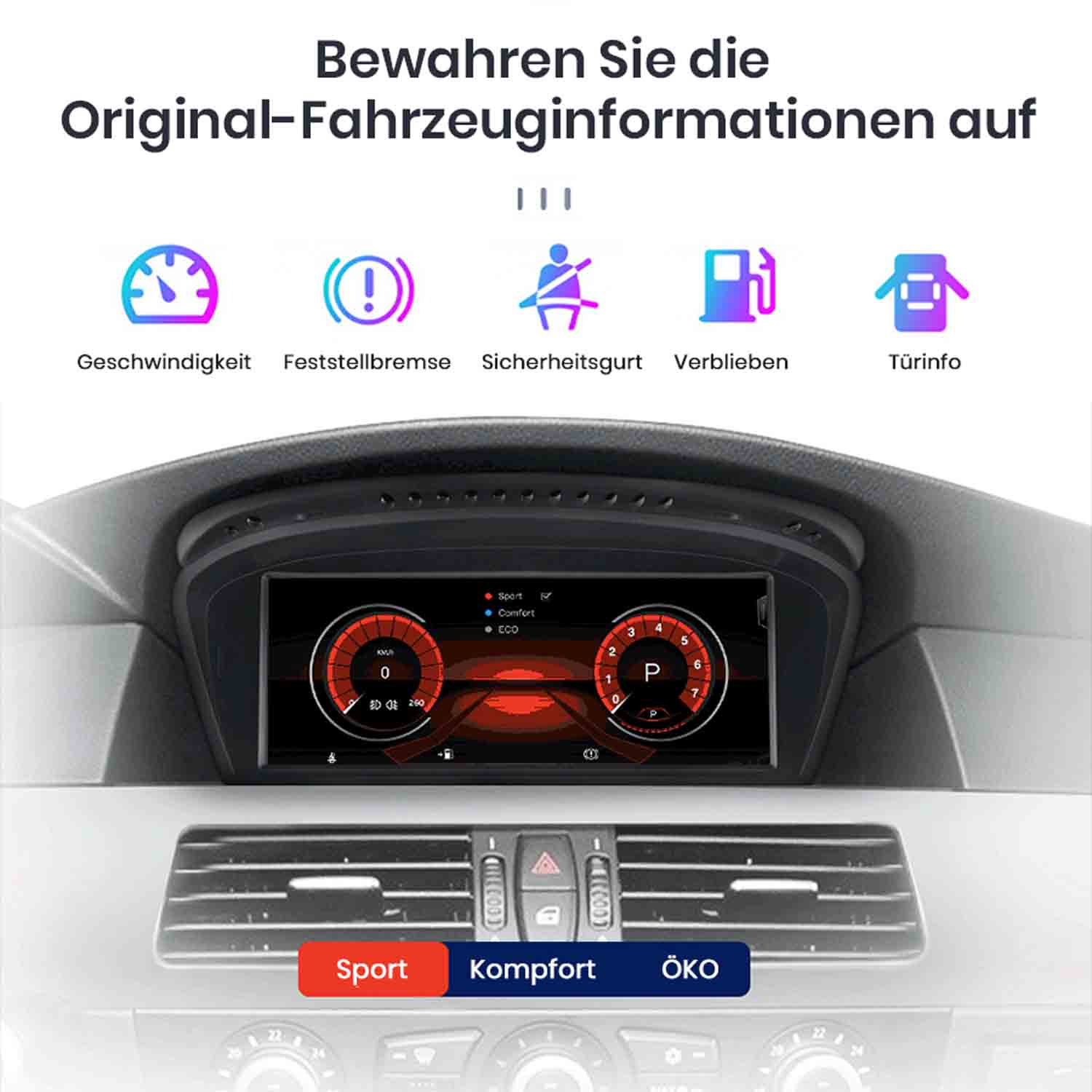 Autoinnenraum mit Symbolen für Geschwindigkeit, Bremse, Gurt, Tank, Türen. Digitalanzeige zeigt Tempo u. Gang.