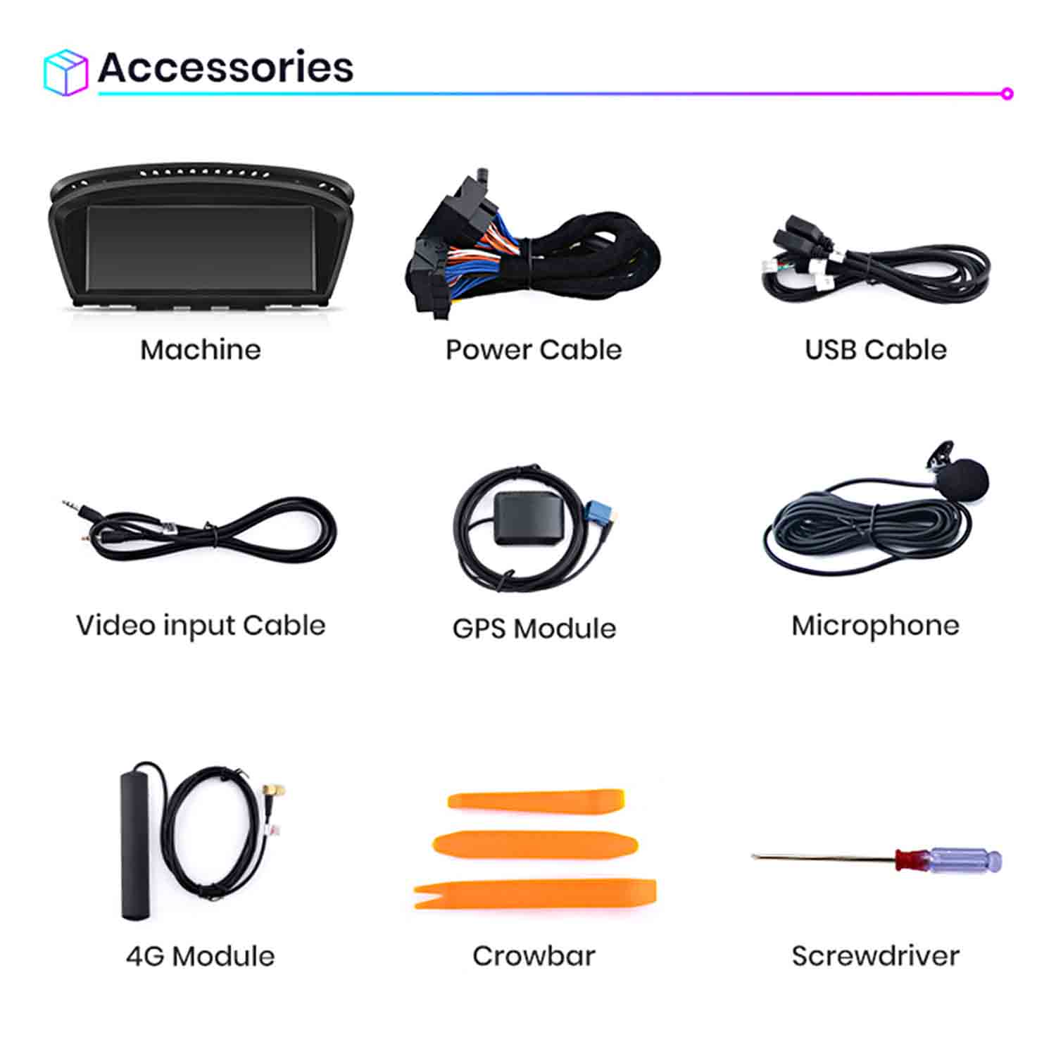 Zubehör: Maschine, Stromkabel, USB-Kabel, Videokabel, GPS, Mikrofon, 4G, Werkzeuge.