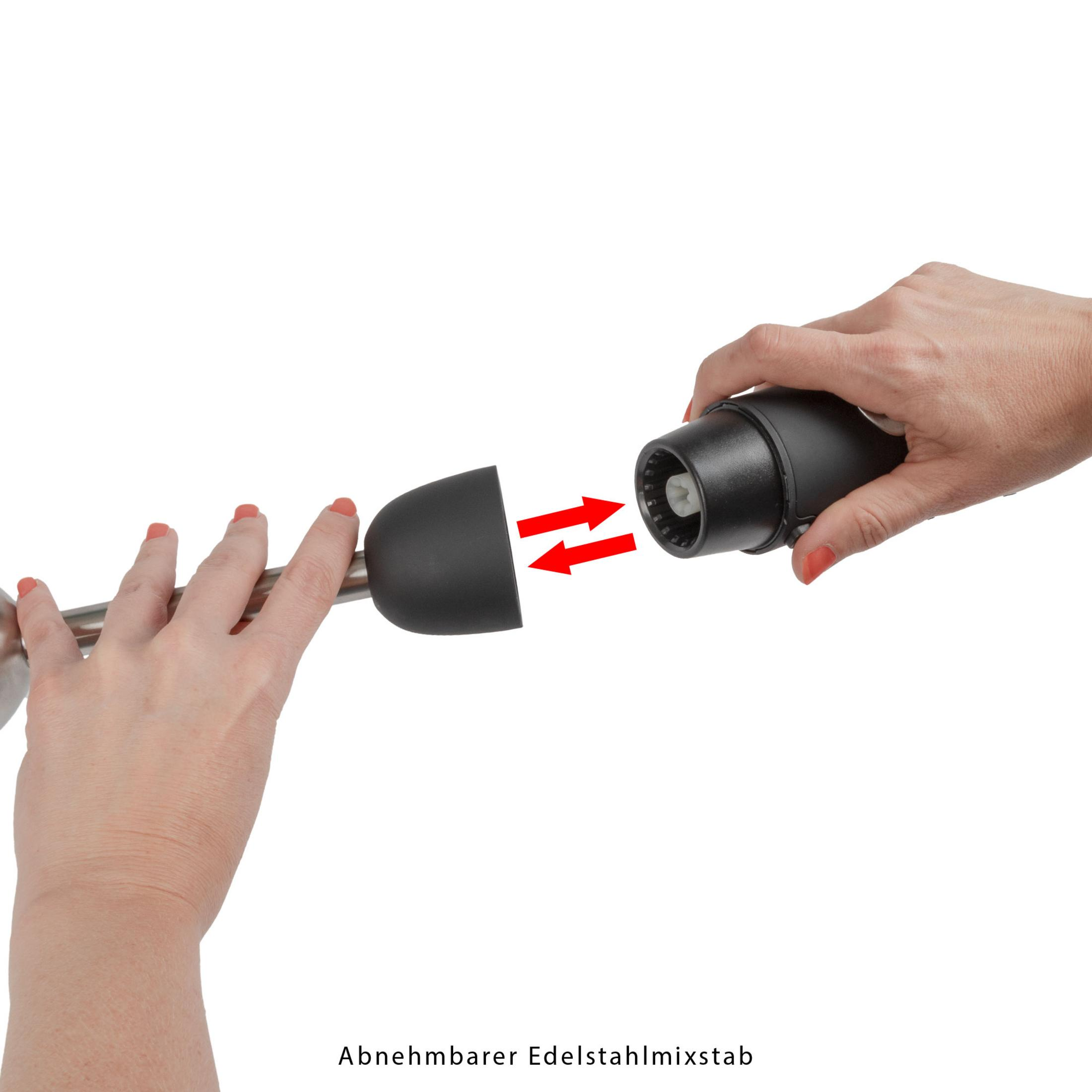 Dłonie składają czarny element blendera, czerwone strzałki wskazują połączenie.