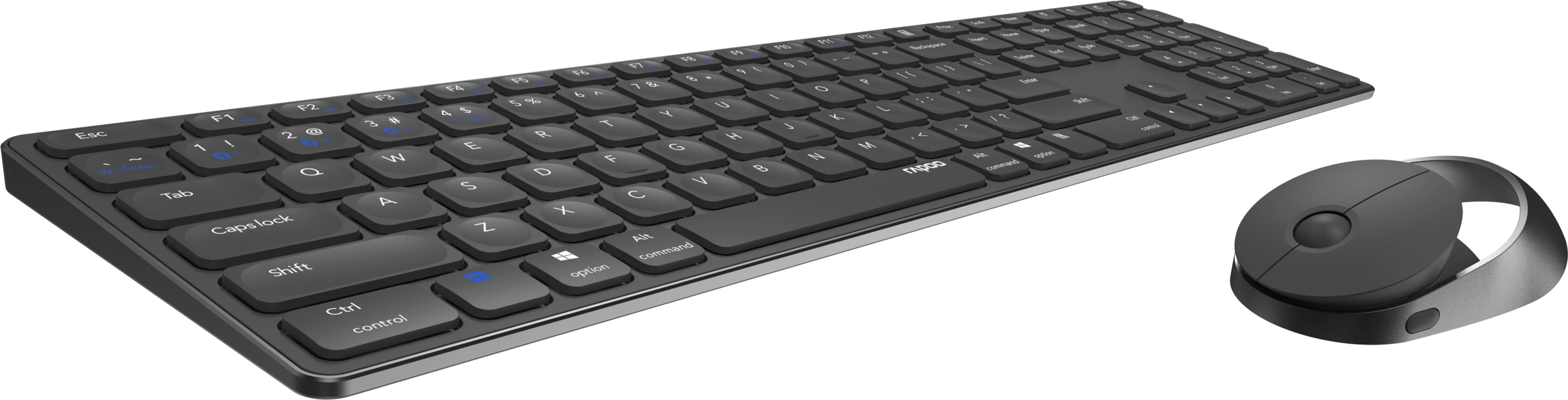 Un set di tastiera e mouse wireless neri su sfondo bianco. La tastiera ha accenti blu.