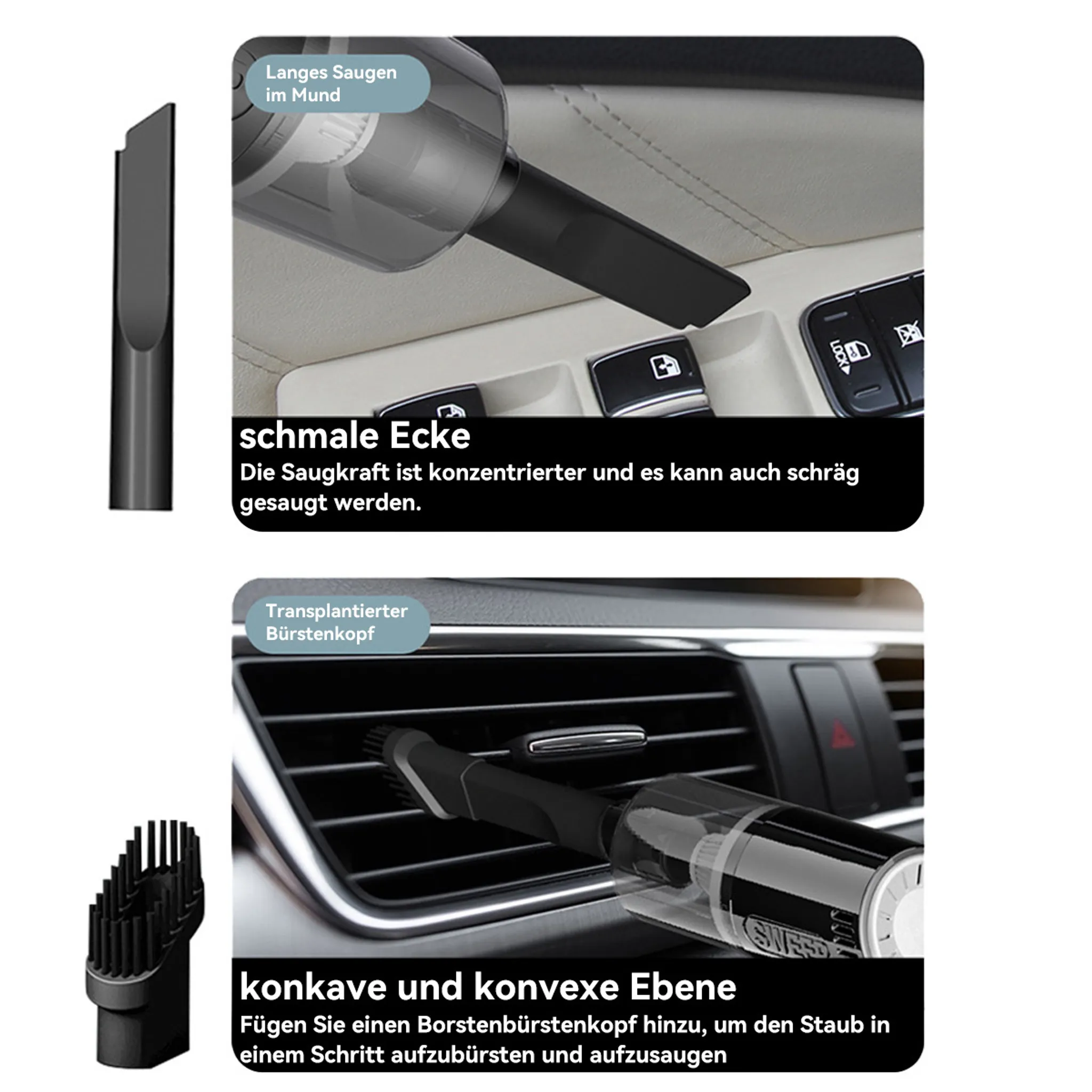 Ein Handstaubsauger wird in einem Auto verwendet, um enge Ecken und Lüftungsschlitze zu reinigen.