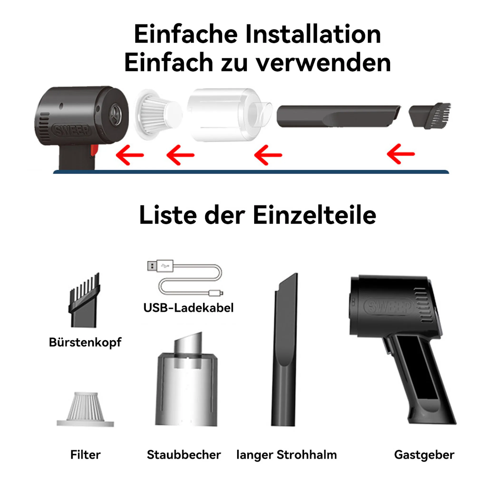 Illustration mit Staubsaugerteilen und Installationsanleitung.