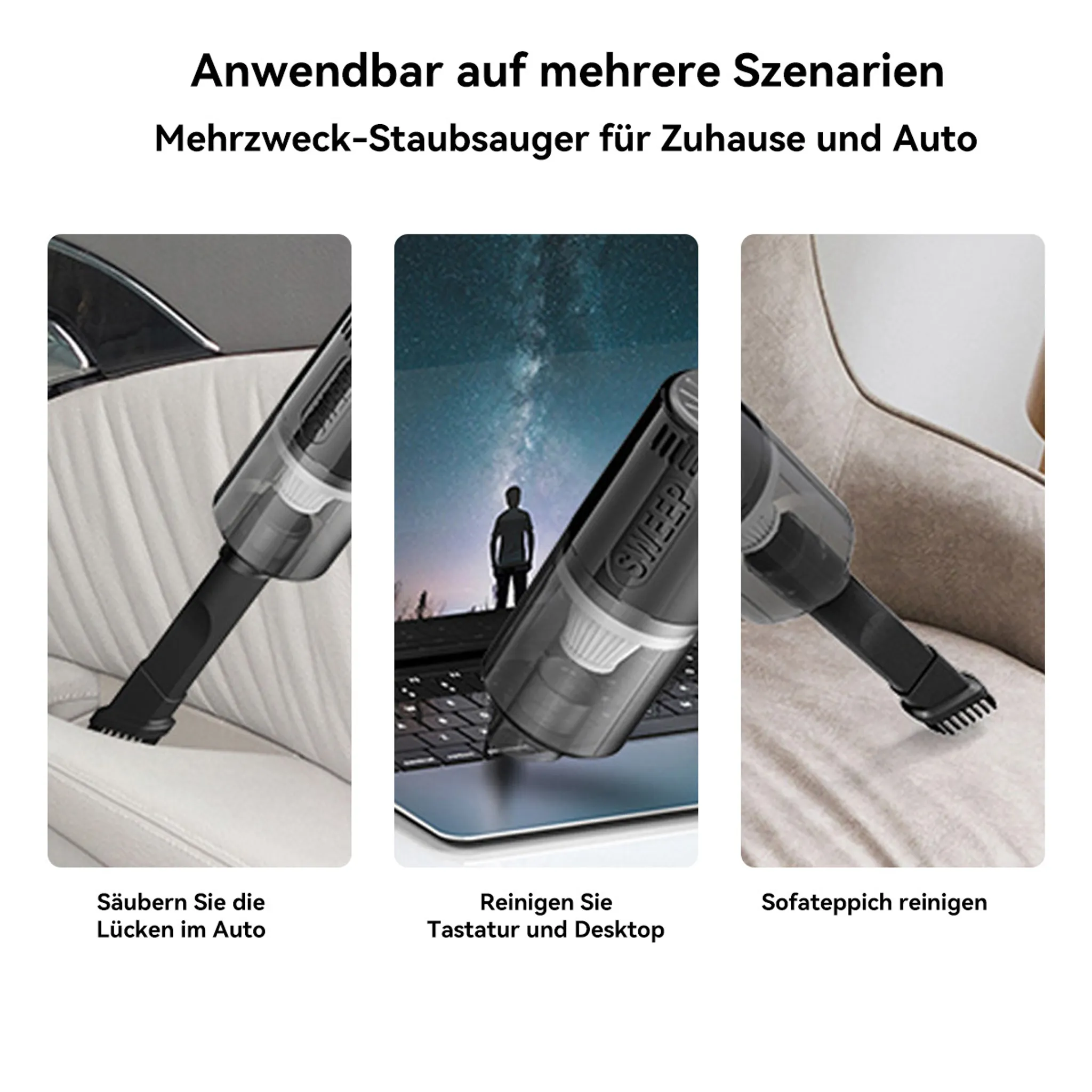 Tragbarer Staubsauger reinigt Auto, Tastatur und Sofa.