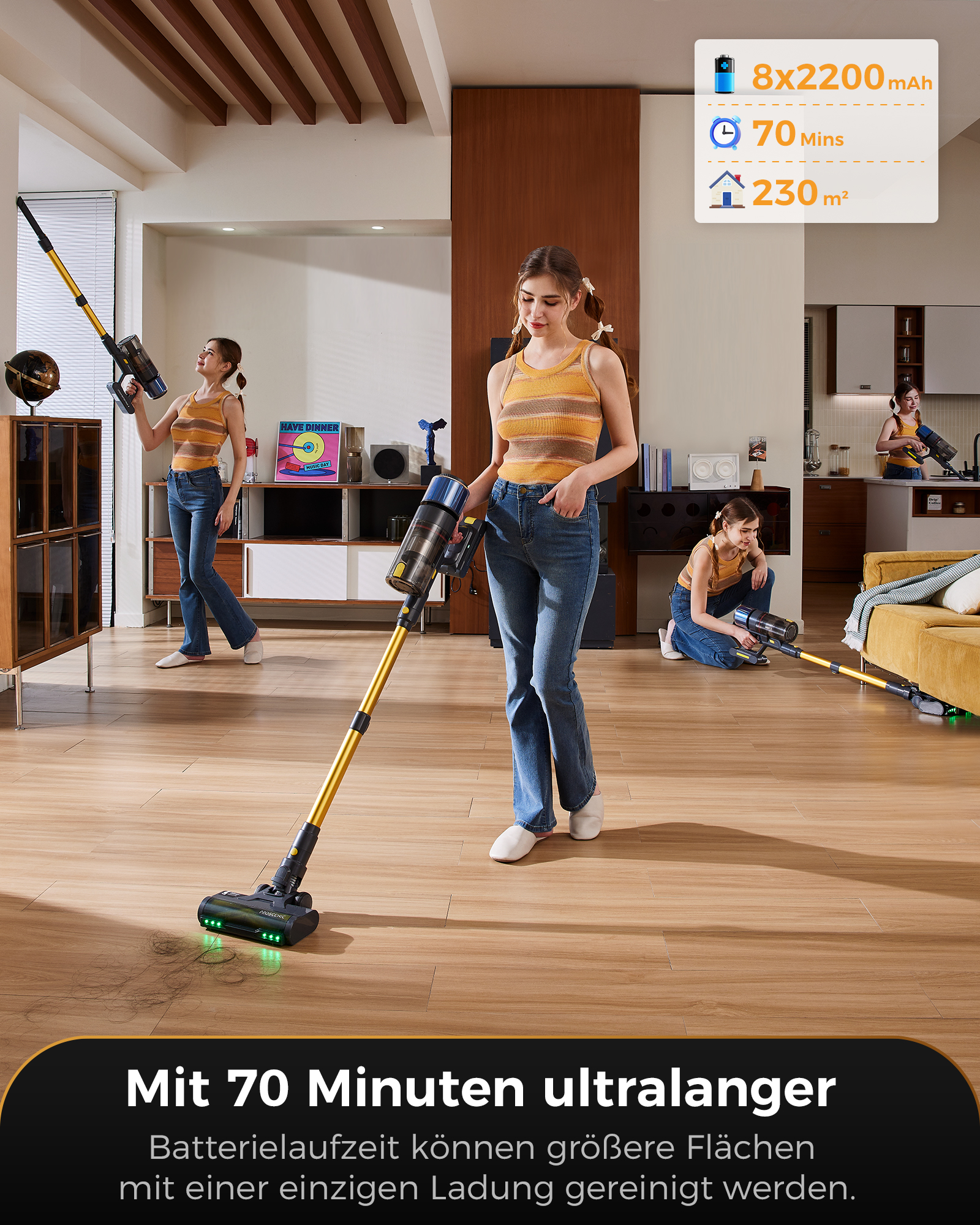 Drei Frauen benutzen kabellose Staubsauger in einem Wohnzimmer und einer Küche.
