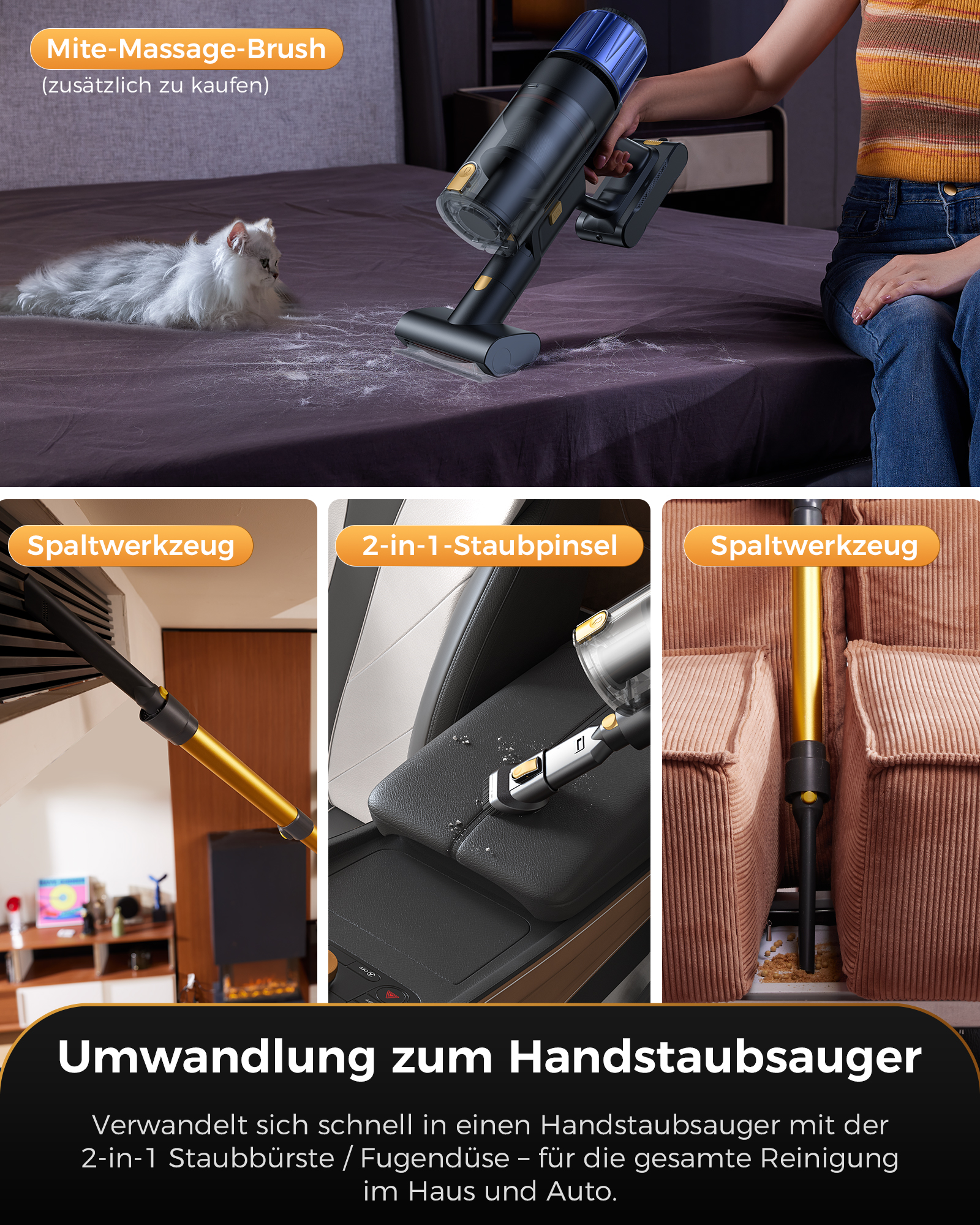 Staubsauger reinigt Bett, Lüftungsschlitze, Autositz und Sofa.