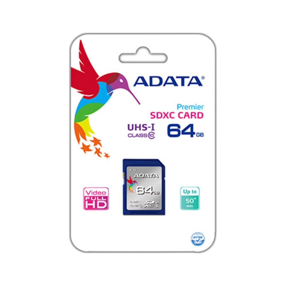 Carte ADATA Premier SDXC 64 Go avec graphique de colibri et icône HD.