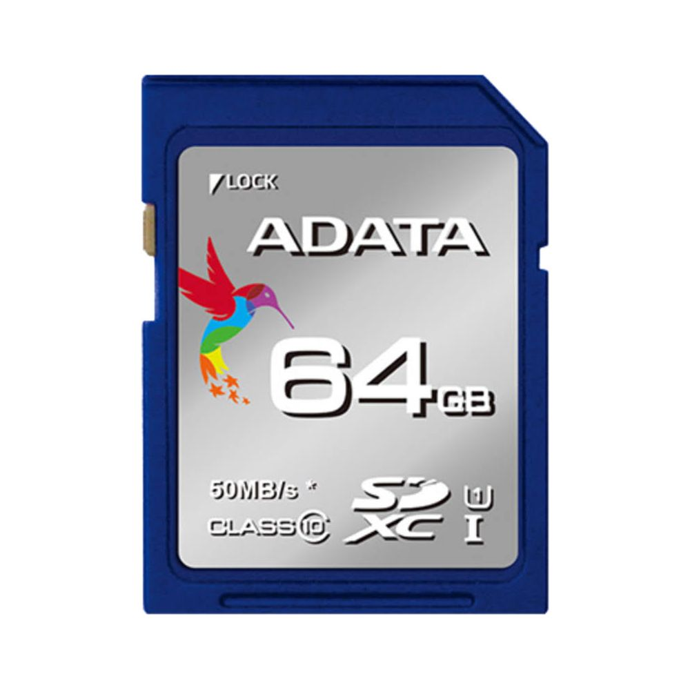 Carte SD ADATA bleue 64 Go avec logo colibri et informations de vitesse.