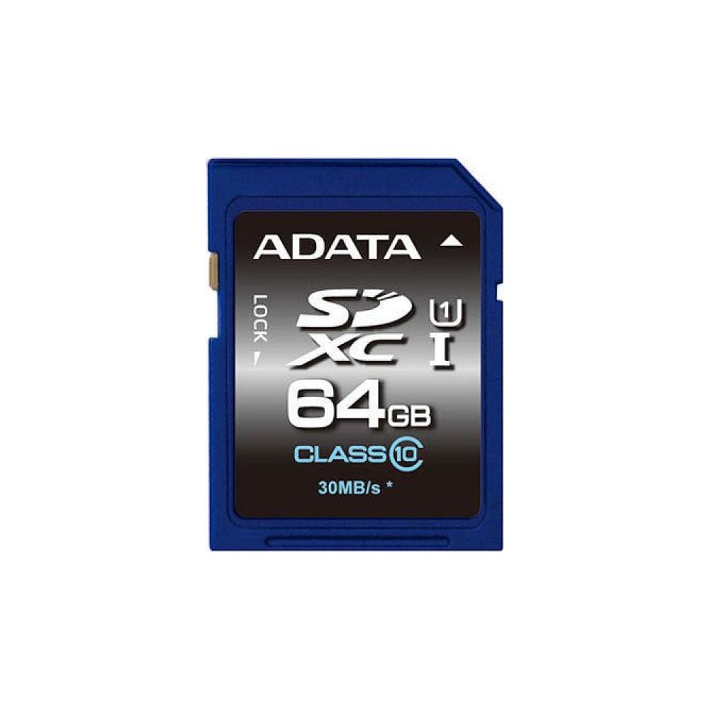 Une carte mémoire SDXC ADATA bleue de 64Go avec marquage Class 10.
