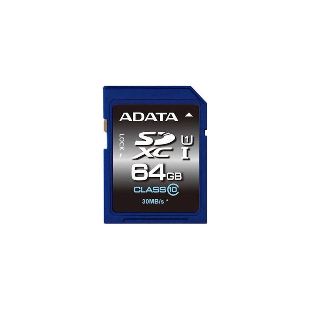 Carte mémoire ADATA 64Go SDXC Classe 10 bleue avec interrupteur lock.