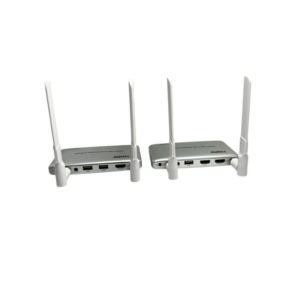 Arkada antenli iki gümüş renkli kablosuz HDMI genişletici beyaz zeminde.