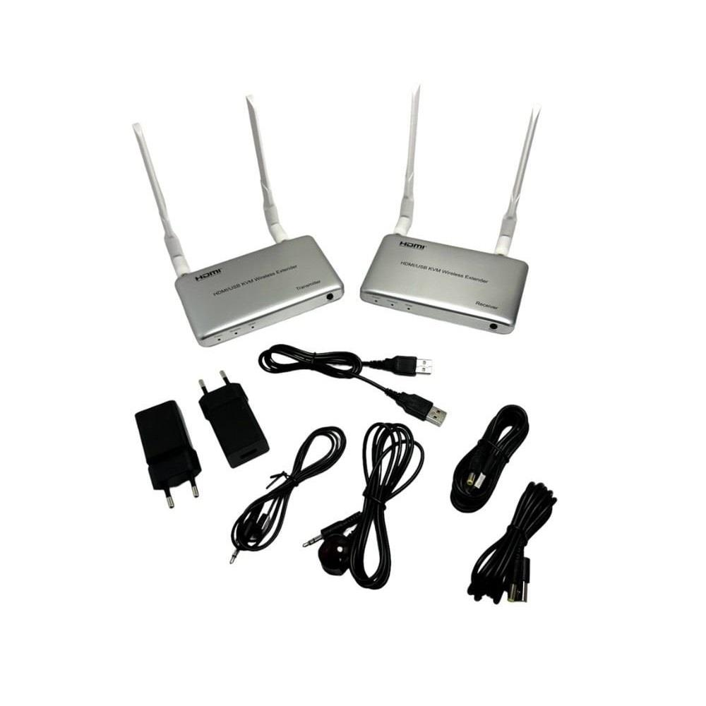 Antenli, güç adaptörlü ve kablolu iki gümüş renkli HDMI KVM genişletici.