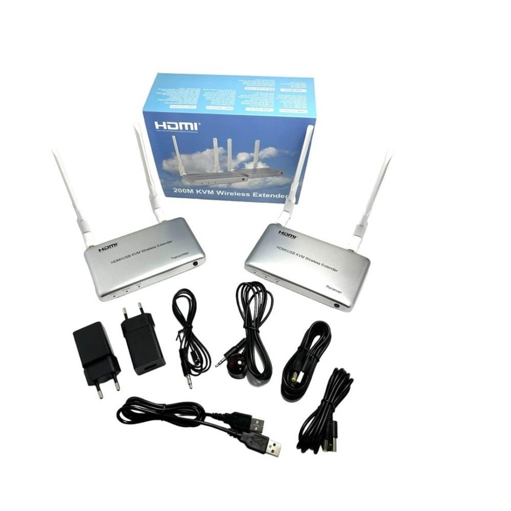 HDMI KVM Kablosuz Genişletici ve aksesuarlar: verici, alıcı, güç adaptörleri, kablolar.
