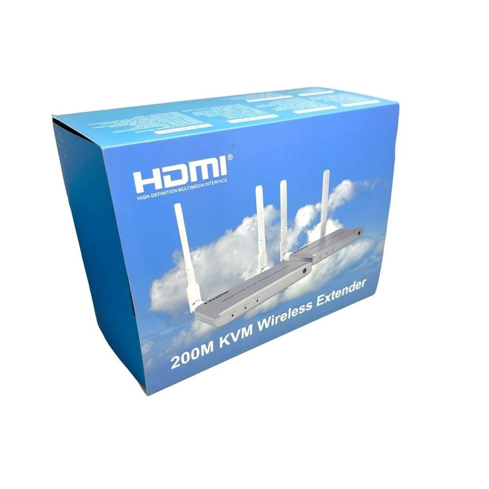 Antenli gümüş HDMI KVM kablosuz genişletici mavi kutuda.