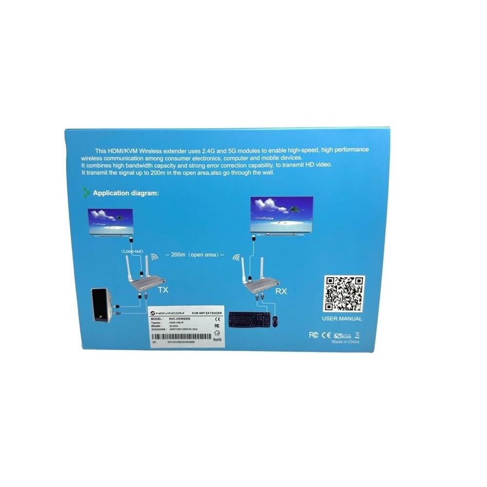 HDMI/KVM genişletici uygulama şeması: TX, RX üniteleri, akıllı telefon, PC ve TV'ler gösteriliyor.