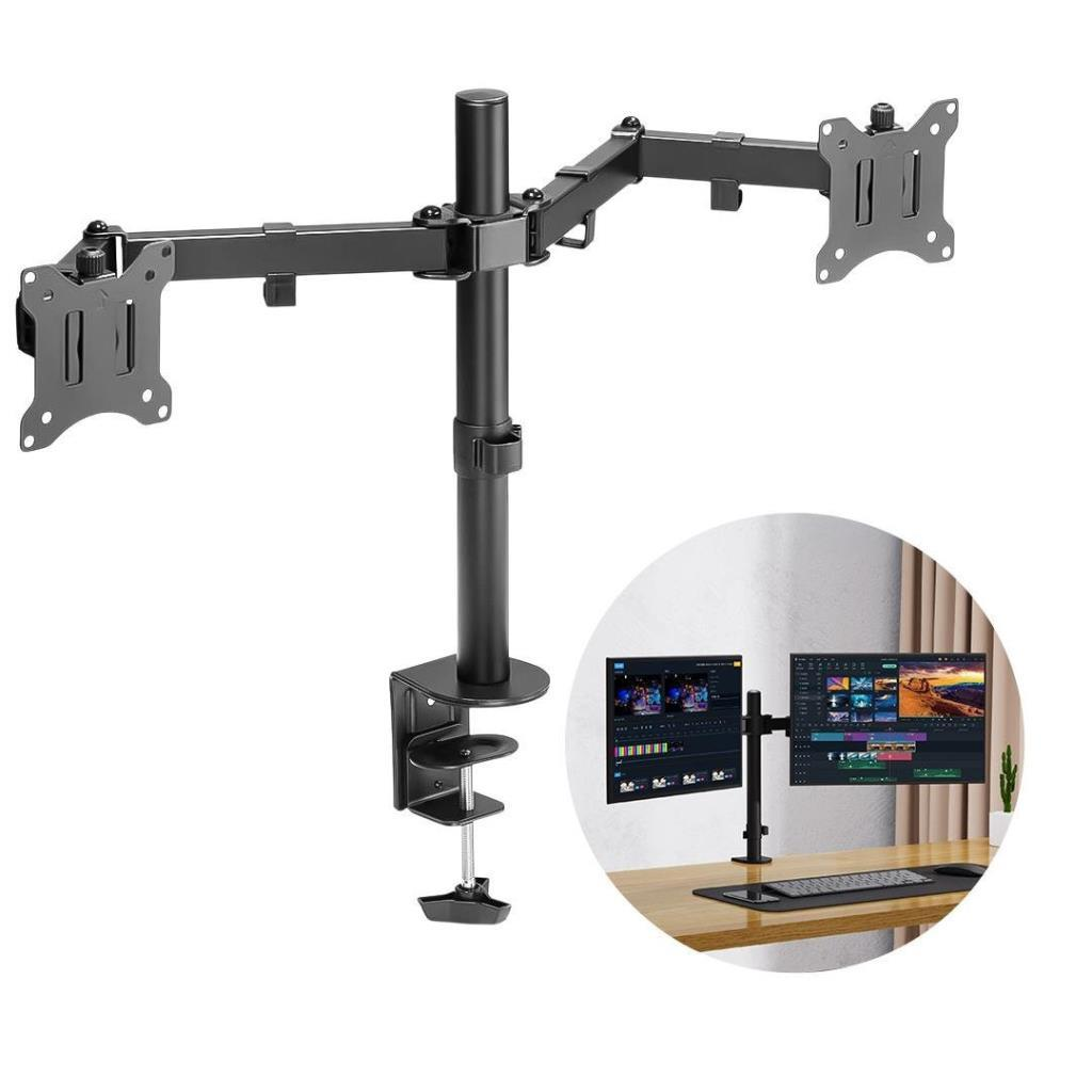 Bir masaya monte edilmiş kelepçeli tabanlı siyah çift monitör kolu.