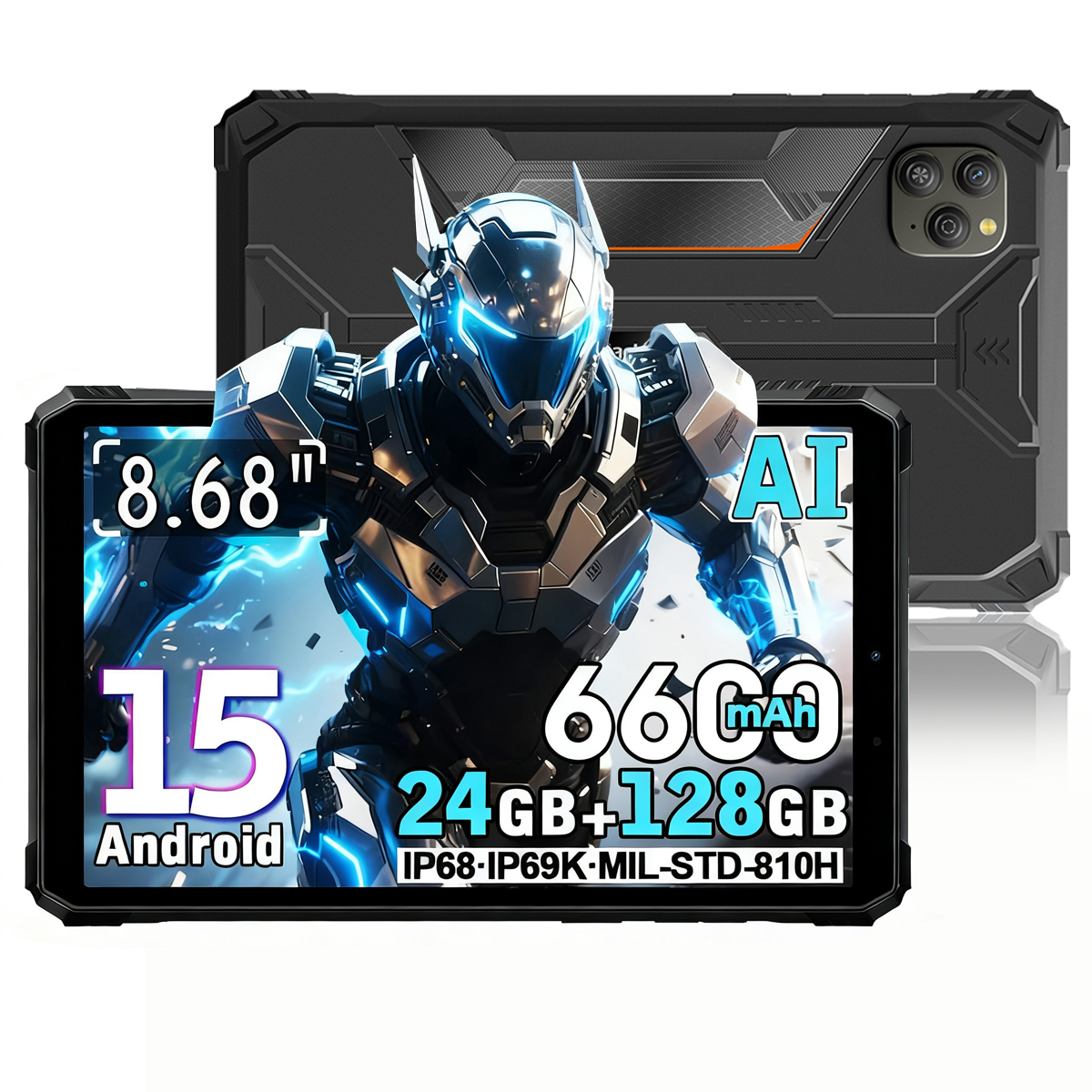 Tablet met robotafbeelding, 8,68 inch, 15 Android, 6600mAh, 24GB+128GB.