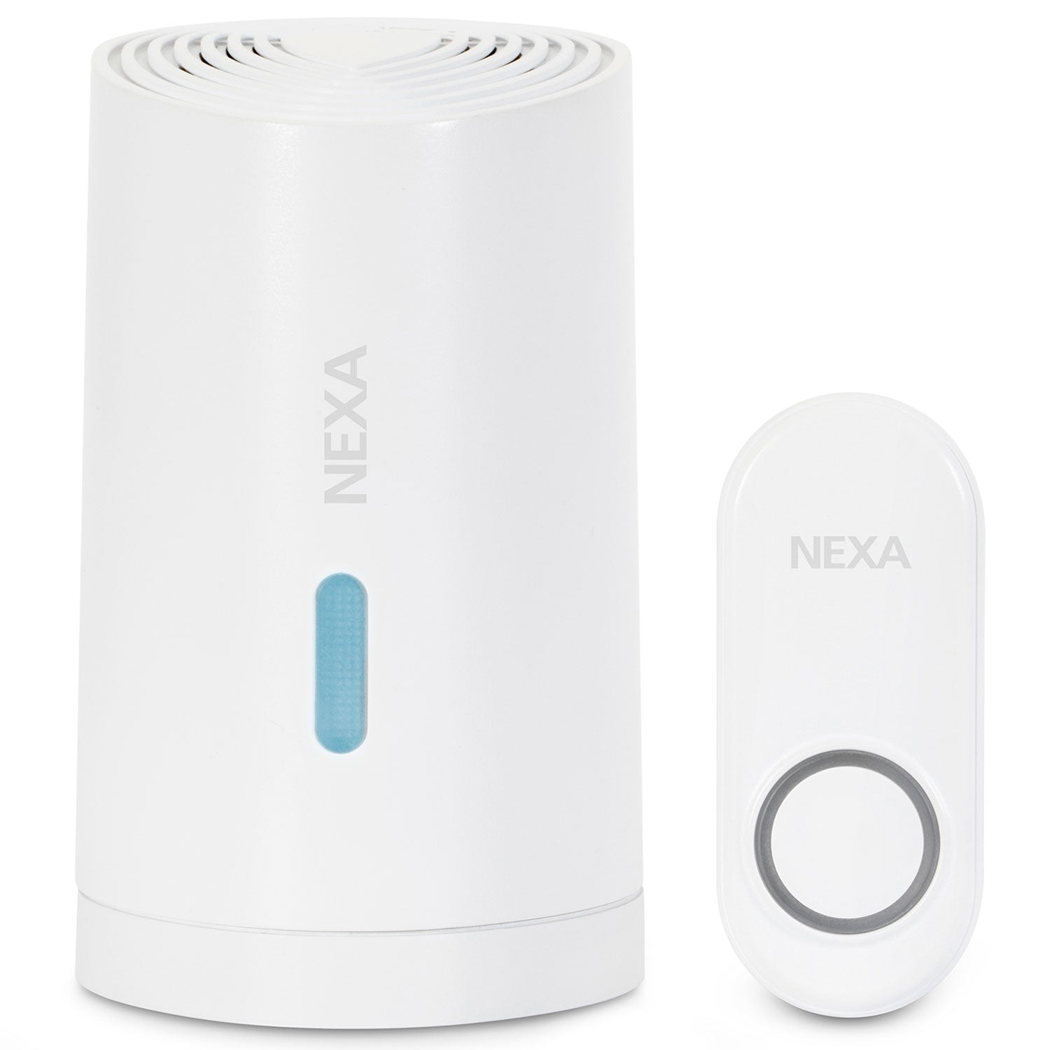 Een witte Nexa deurbelknop en een witte Nexa ontvanger.